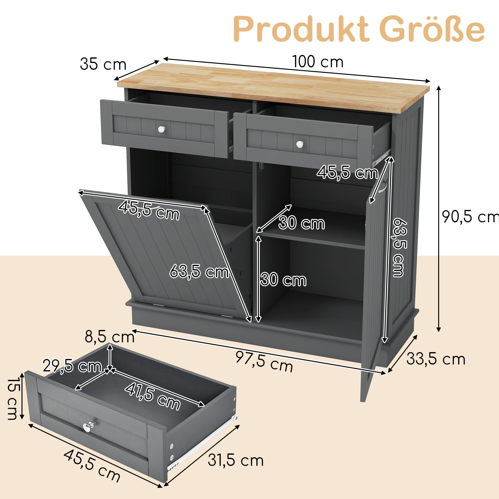 COSTWAY Kommode für Mülleimer 42L, Küchenschrank mit großer Arbeitplatte & 2 Schubladen & verstellbarem Regal, Mülleimerschrank mit Mülleimerhalter, Schrank für Küche ohne Mülleimer (Grau)