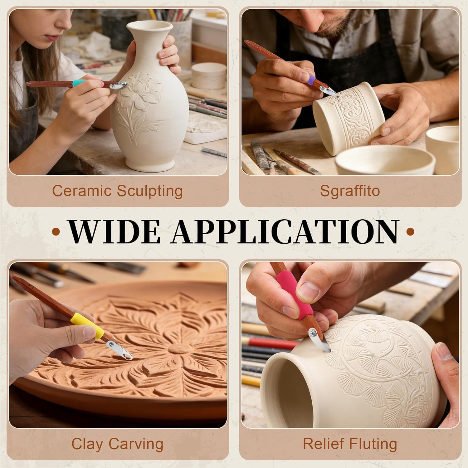 GtohHavea Professional Pottery Carving Tool with Durable Cutting Head, for Clay Sculpting, Sgraffito, Mishima & Ceramic Trimming (4Pcs)