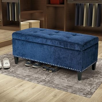 Homebeez Storage Ottoman Bench Velvet Tufted Foot Rest Stool with Nailhead Trim Blue
