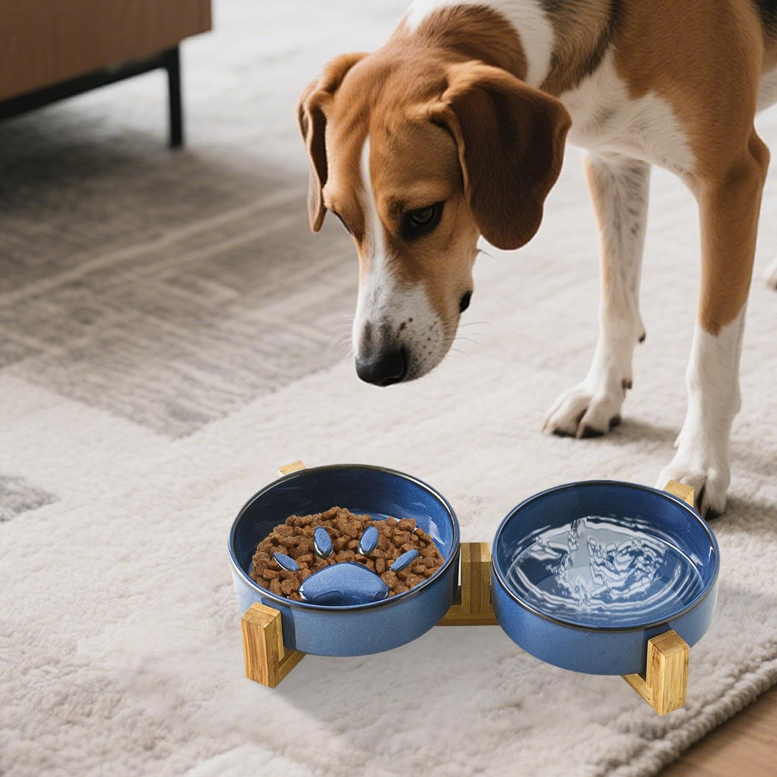 Lento Perros Mediano Comida Lenta Bebida Alimentación De Pie | Set Cuencos Cerámica Huella Linda Perros Estación Alimentación Mascotas Accesorios Plato Camping Coche Hogar Exterior Patio