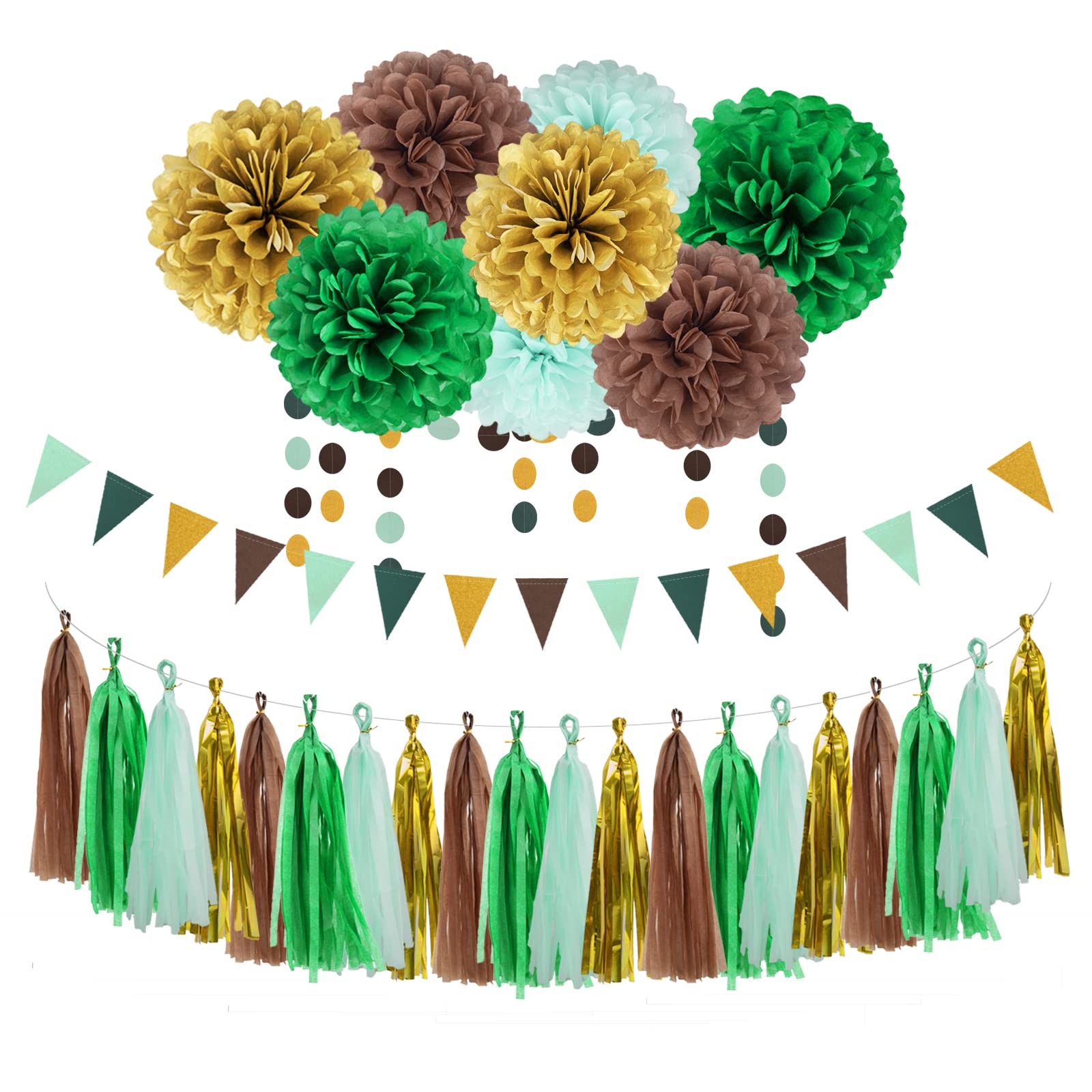 Sage Green Gold Party Decorations - 30pcs Hanging Decoration Birthday Party Tissue Paper Flowers Wedding Pennant Banner Neutral Baby Shower Circle Dots Garland Engagement Tassel Bridal Shower Decor