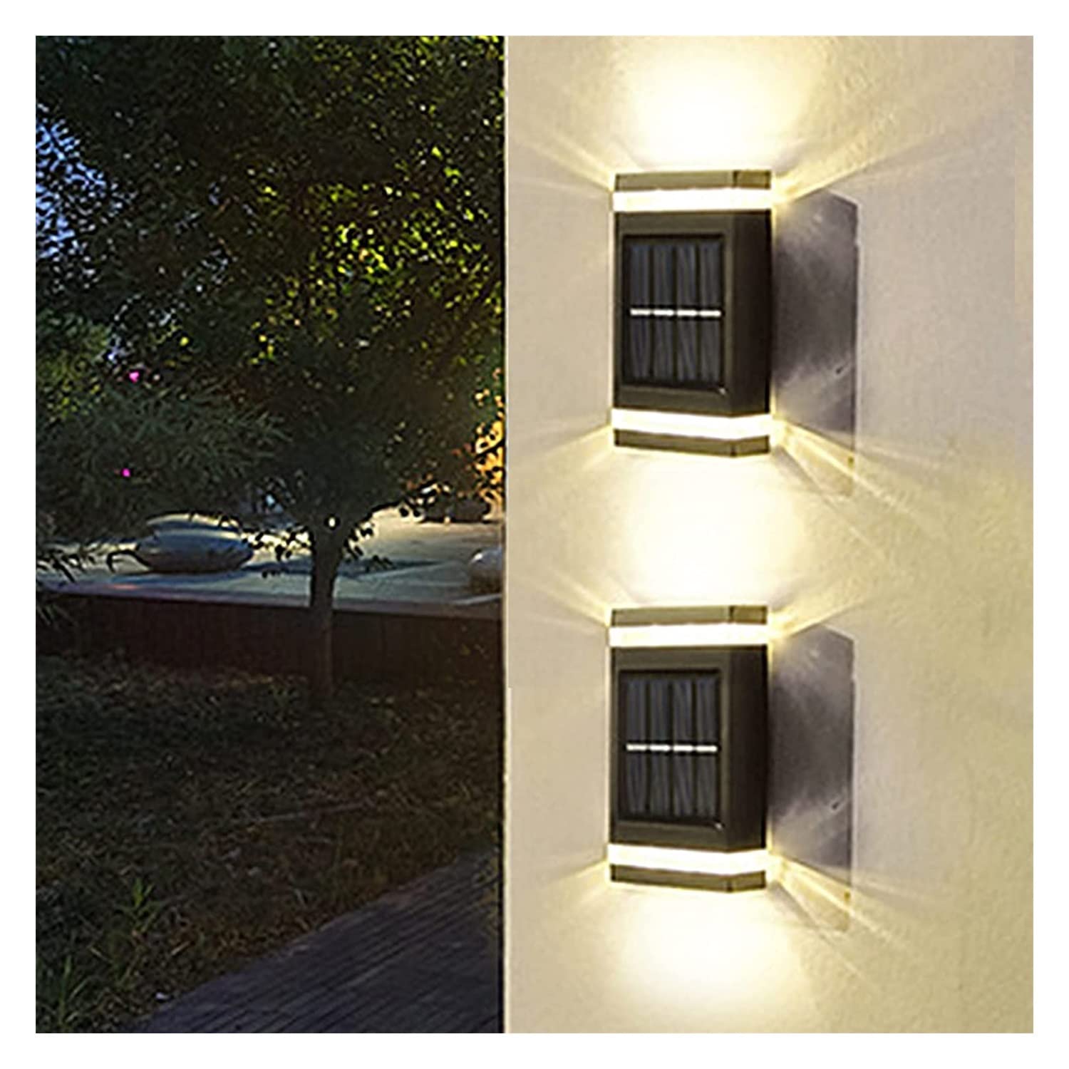 Lámparas de pared para exteriores retro Paquete de 2 luces LED solares for exteriores hacia arriba y hacia abajo que iluminan la lámpara de luz solar for exteriores IP65, luz solar impermeable for par
