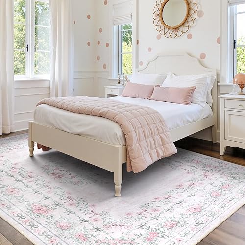 Miniatura 7 de Wonnitar Alfombra rosa con lazo floral para dormitorio, alfombra lavable de 5 x 7 pies para niñas, guardería, ultra fina, antideslizante, suave,