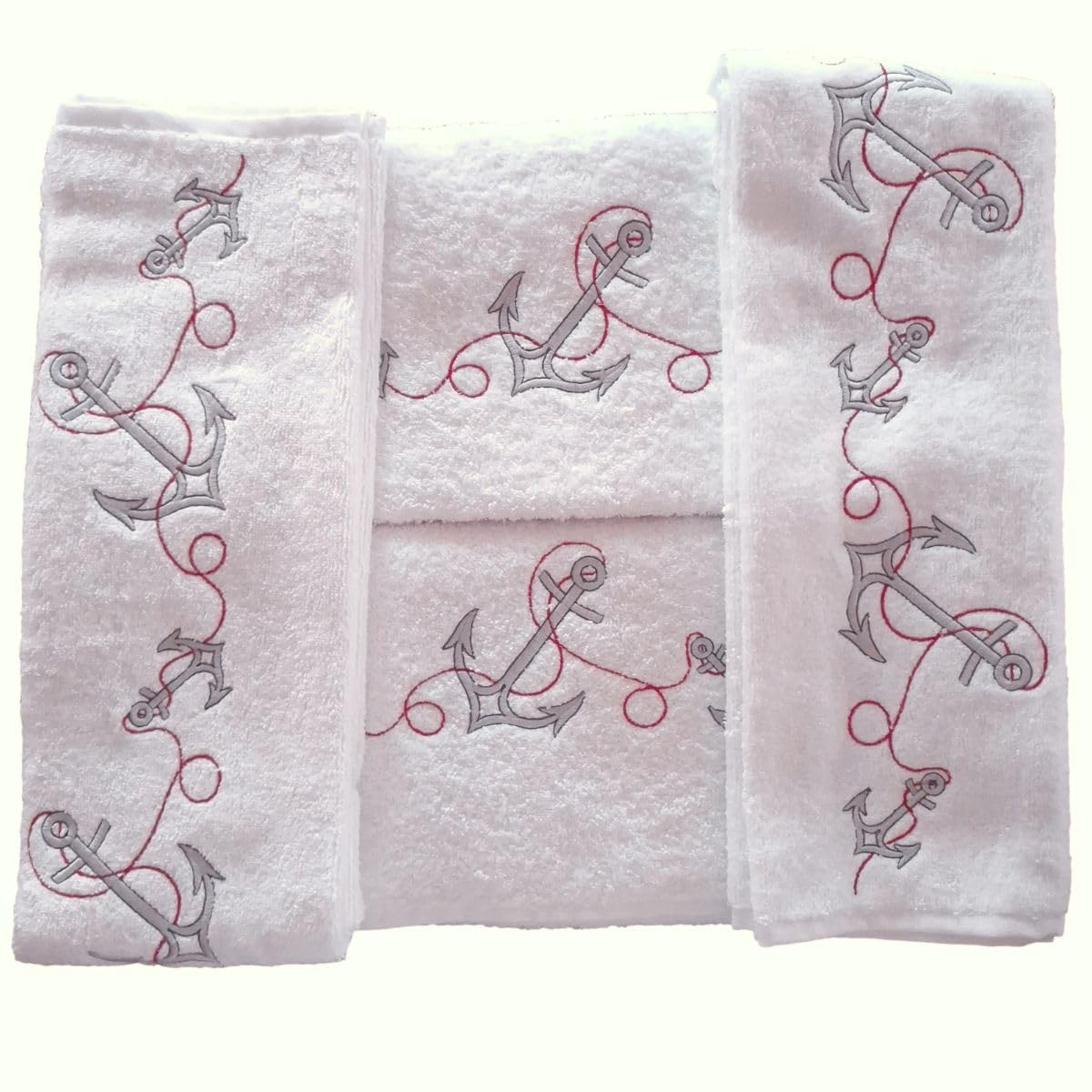 RICAMI FIORENTINI BALDI Set 5 Asciugamani con Ricamo Ancore, Spugna di Cotone 100% 550 gr. 5 Pezzi: 2 Viso+ 2 Bidet+ 1 Telo Doccia. Prodotto Artigianale Toscano (Bianco, 5 Pezzi)