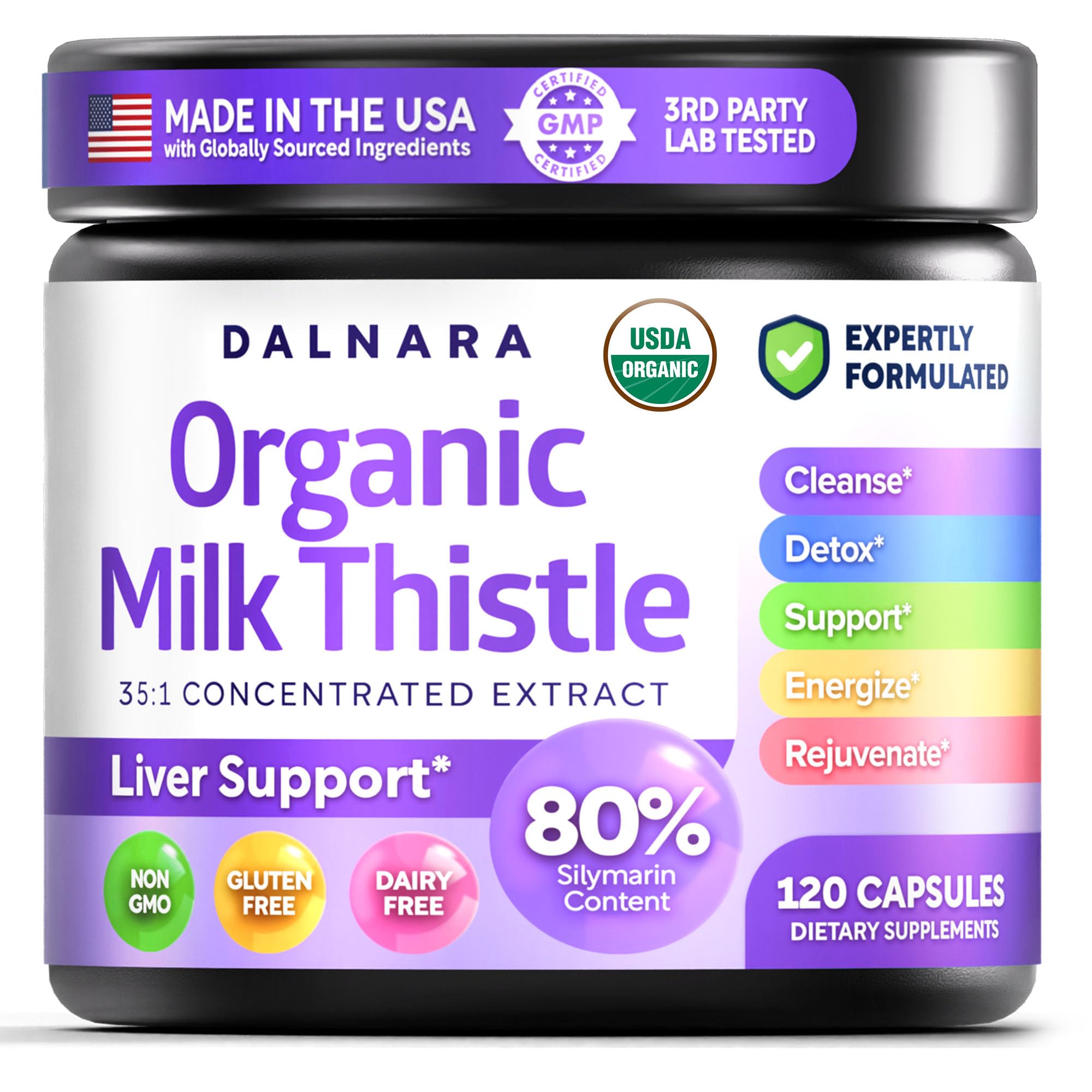 USDA Organic Milk Thistle 120ct, 35:1 Extract, 80% Silymarin, Liver Detox