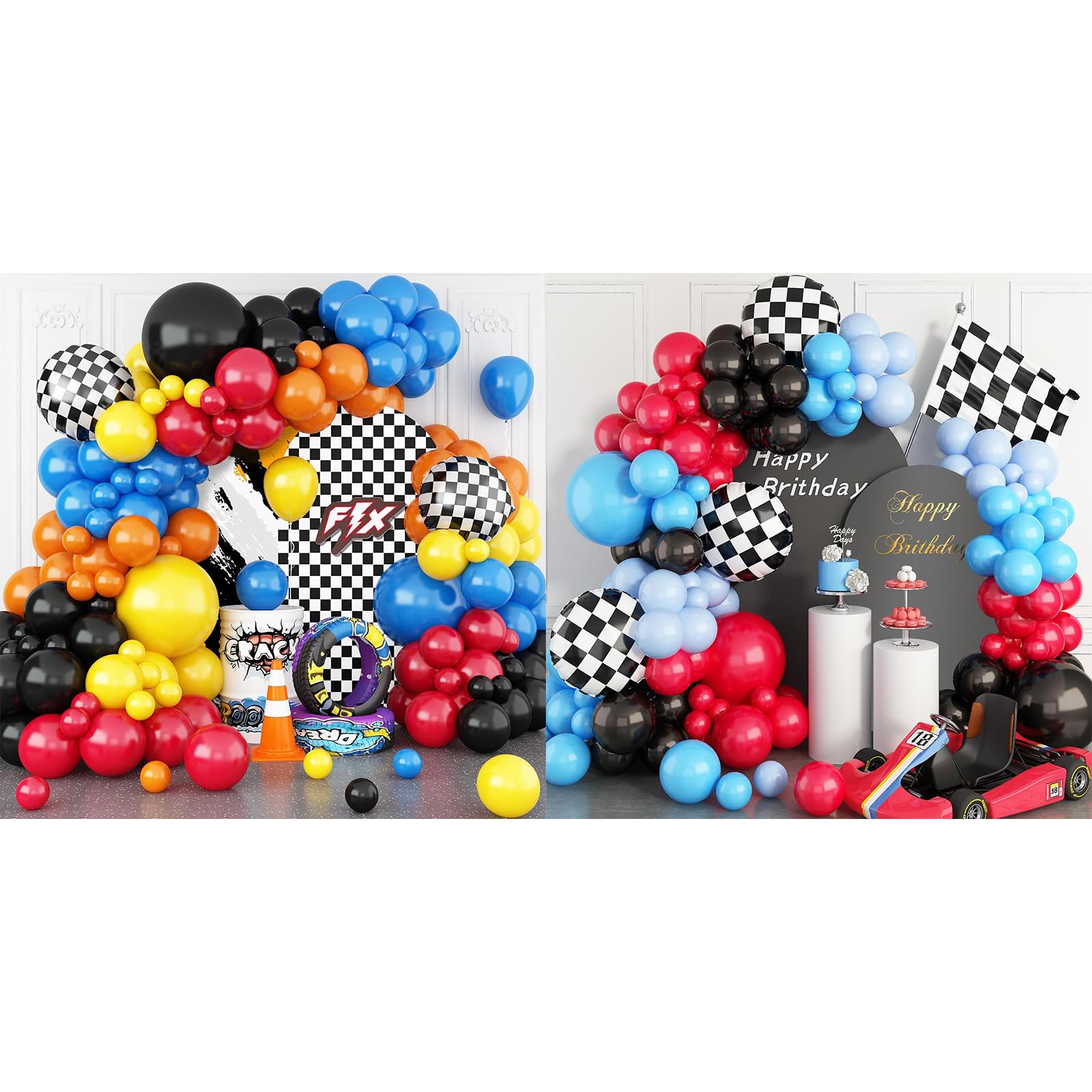 Race Car Balloons Bundle,Blue Red Black Checkered Flag Foil Balloon Racing Car Theme Two Fast 2nd Birthday Race Car Theme Party Decorations Supplies for Boys