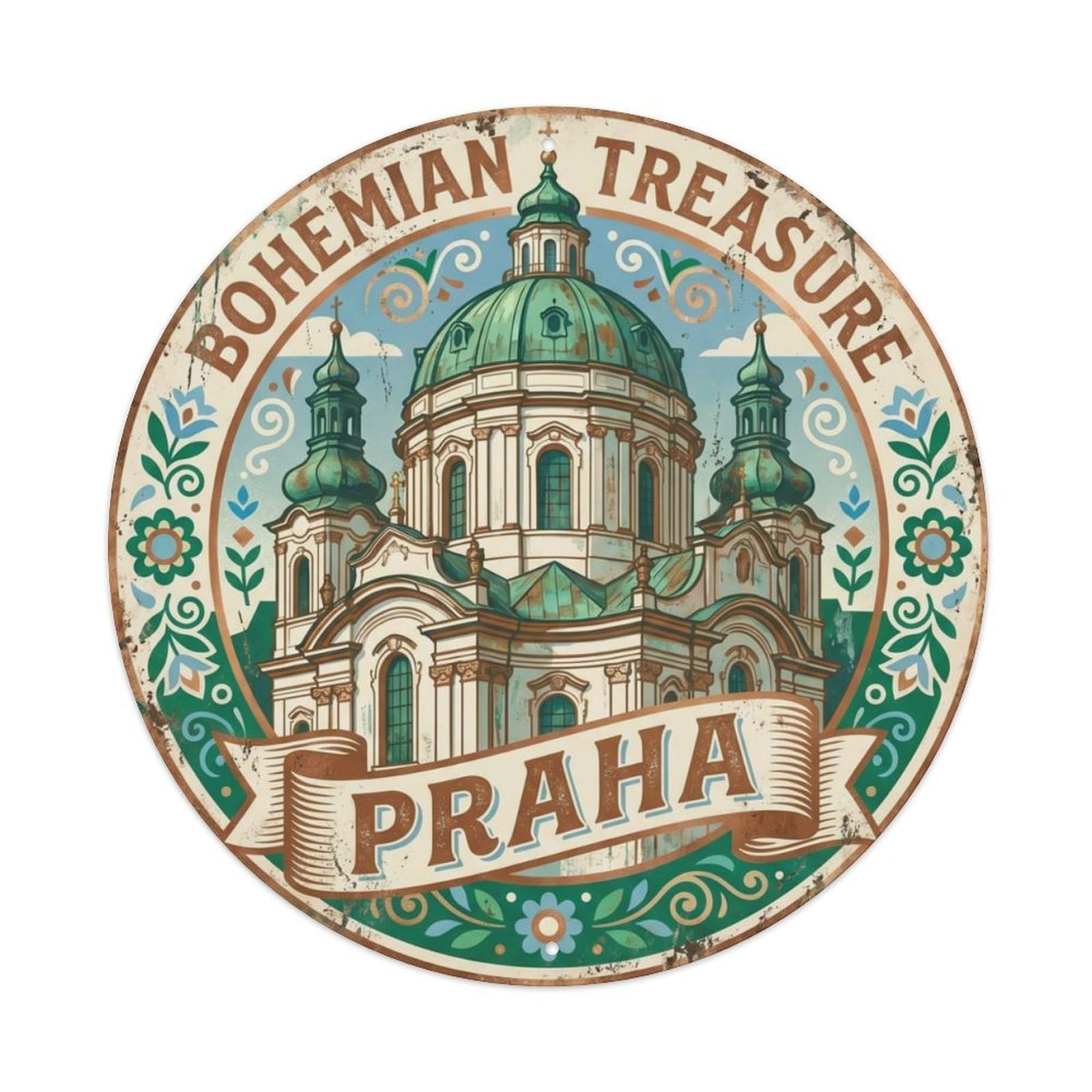 Vintage Travel Church Prague Baroque Metal Tin Sign Plaque Wall Decor for Cafe, Club Bar, Office, Home Garden Round Metal Poster 8x8Inch
