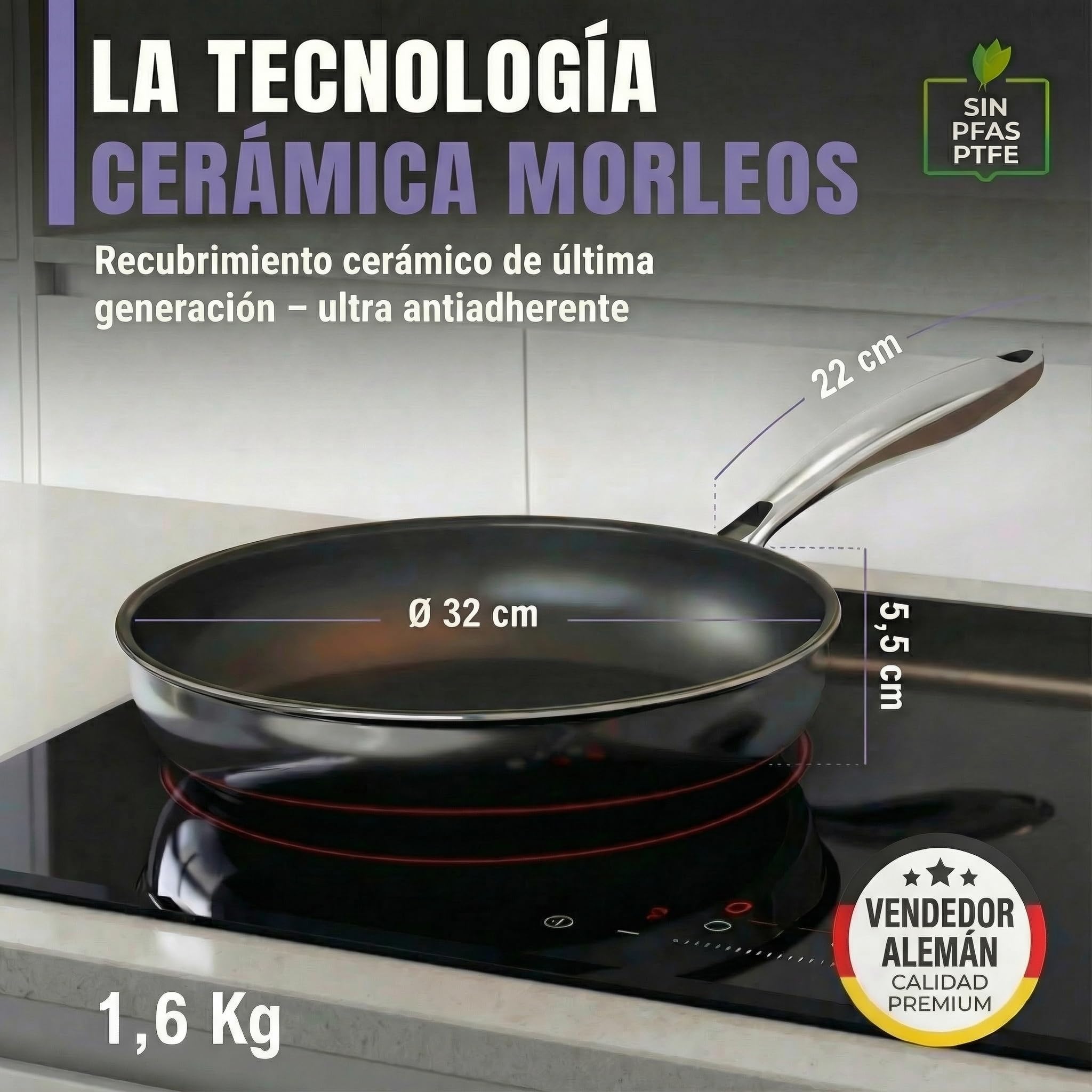 Sartén cerámica de 32 cm, revestimiento cerámico | 5 capas - 3 mm - 1,67 kg |para inducción, antiadherente, sin PFAS ni PTFE | Apta para lavavajillas y horno hasta 250 °C