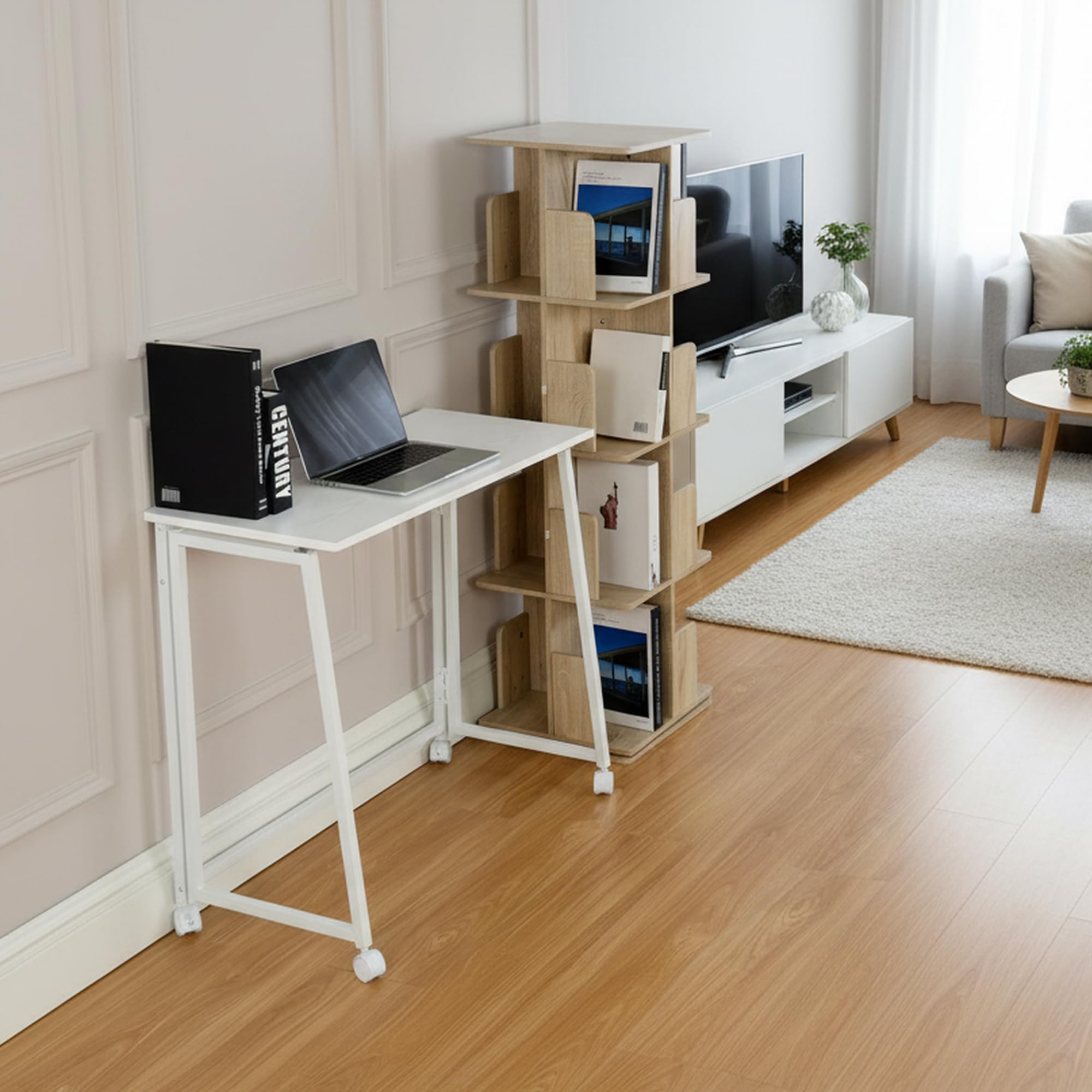 MEUBLE COSY Tavolo Pieghevole con Ruote, Tavolo Multifunzionale per Soggiorno, Montaggio Facile, Piedini Regolabili Inclusi, Stile Moderno, Bianco