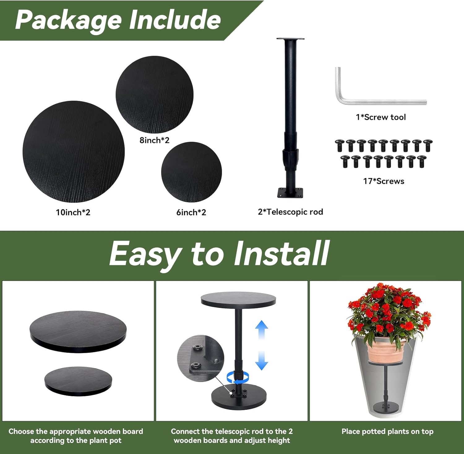 Adjustable Height (12-21") Planter Lift Insert, Plant Risers for Inside Pots, Fits Tall Taper Planters & Large Pots with 6" 8" 10" Base or Top, for Indoor & Outdoor Use (2-Pack)