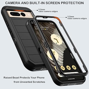 KECAI Google Pixel 7 Pro用ケース、ベルトクリップホルスター付き、2Xスクリーンプロテクター、高耐久耐衝撃落下保護ミリタリーグレードフルボディ頑丈な電話カバー、キックスタンド付き ブラック