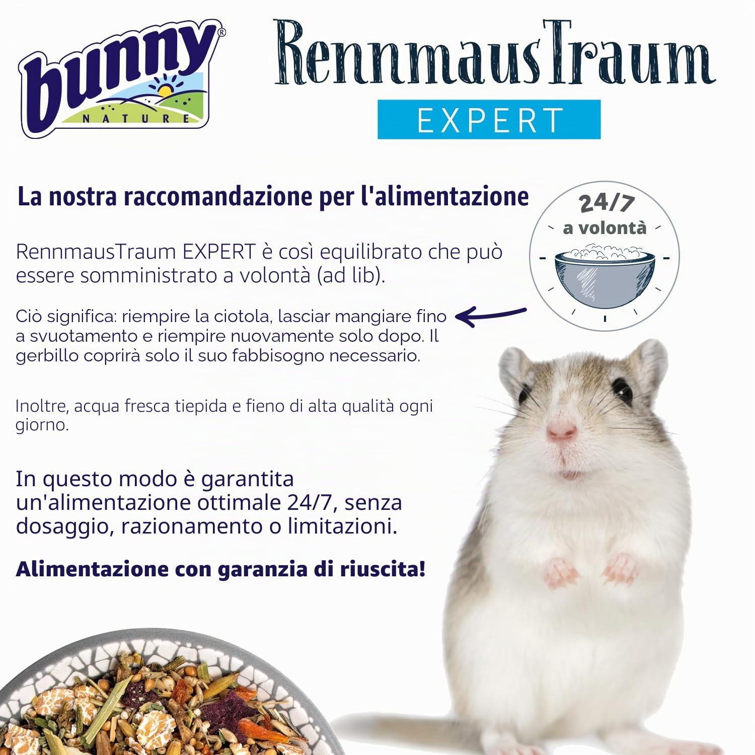 bunny Nature RennmausTraum Expert – Mangime completo per gerbilli – Mix di mangime per roditori con vitamine, ingredienti potenti e vermi – 500 g