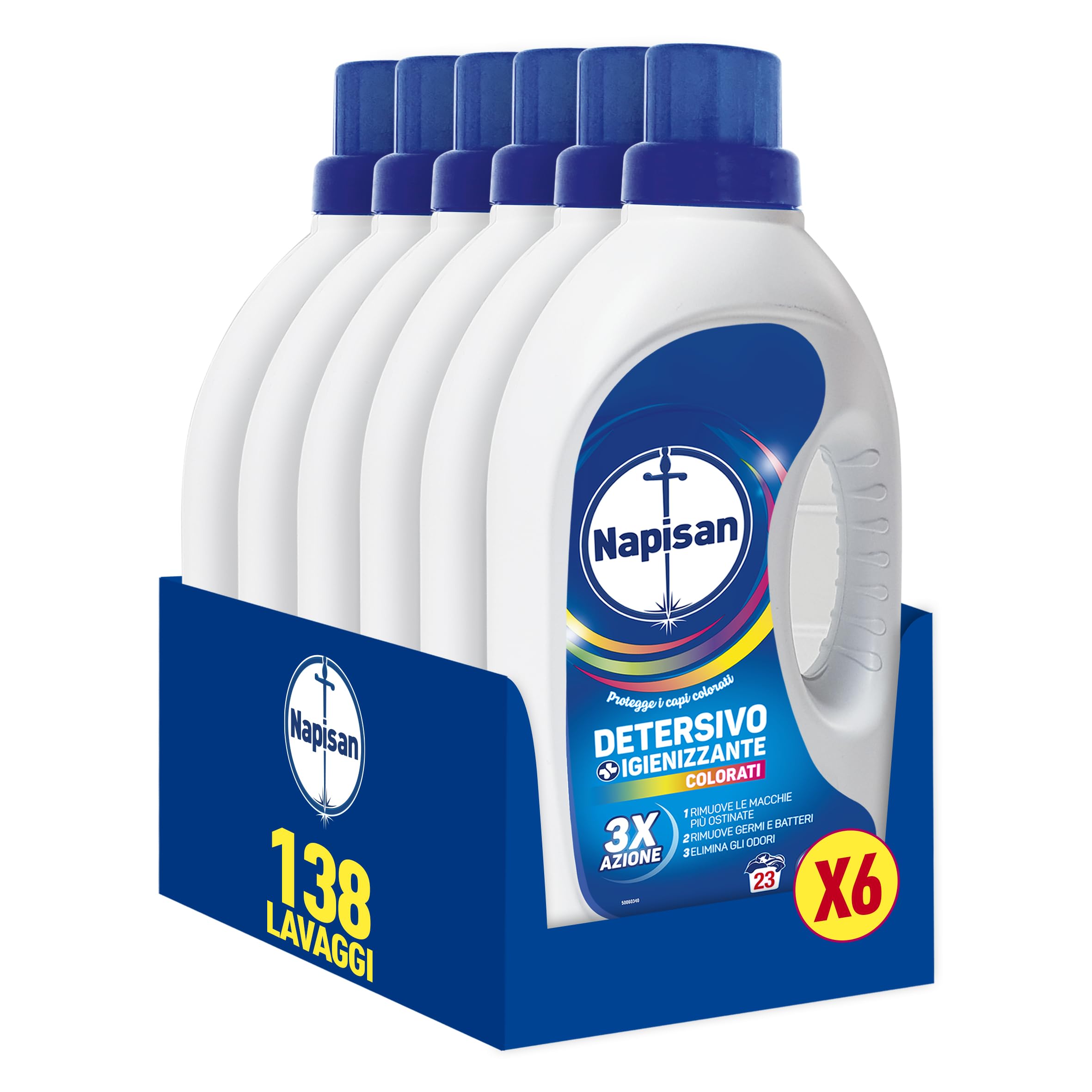 Napisan Detersivo Lavatrice Liquido Igienizzante Capi Colorati, 6 Confezioni da 1.15 da 23 Lavaggi di Detersivo Lavatrice Liquido