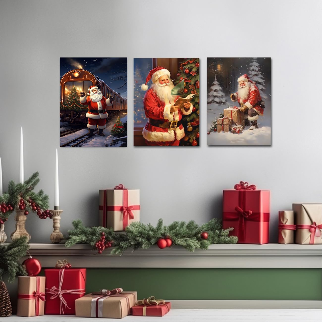 CXHOSTENT Santa Claus Canvas Wall Art Christmas Decor 3 Piece Santa Portrait Paintings Prints New Year Decor Gifts Framed (Santa Claus-2 - Image 3
