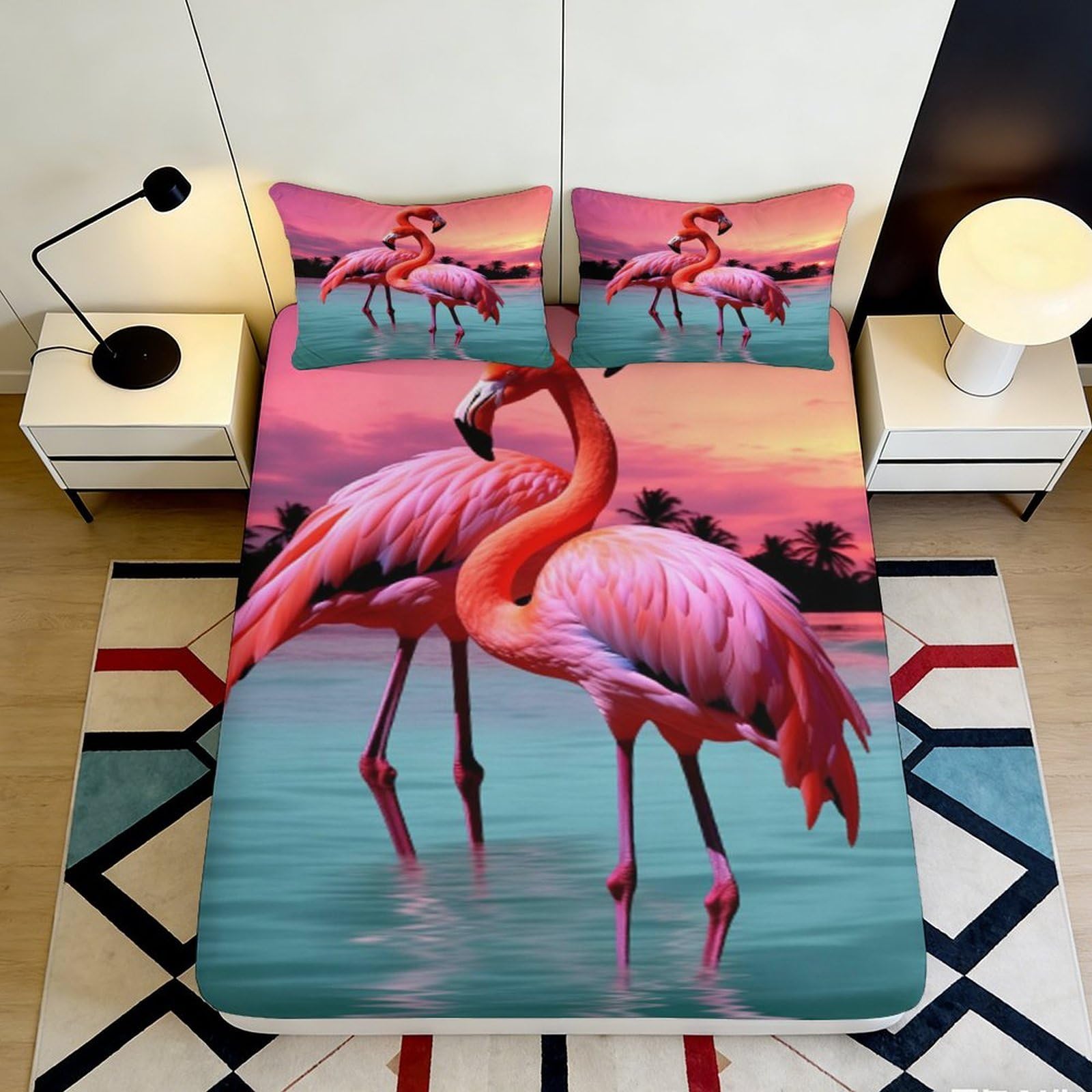 3D Printed Flamingo Fitted Sheet Microfiber Soft Breathable Sunset Lake Bed Cover for Bedroom Dormitory Guest Room Mattress Protection Decor 200x200x25cm