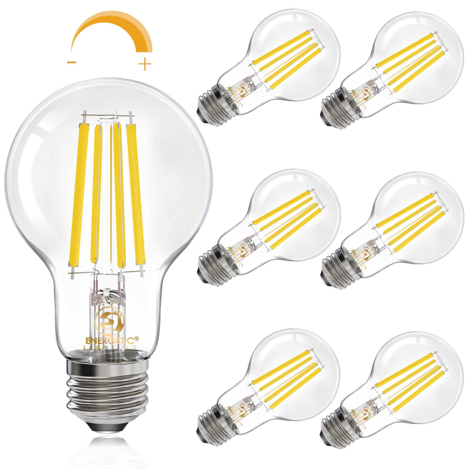 Energetic - Bombilla LED Edison A19 regulable, equivalente a 12 W, 100 W, 1600 lm de alto brillo, luz diurna 5000 K, bombilla de filamento LED transparente antigua para el hogar, baño, base estándar