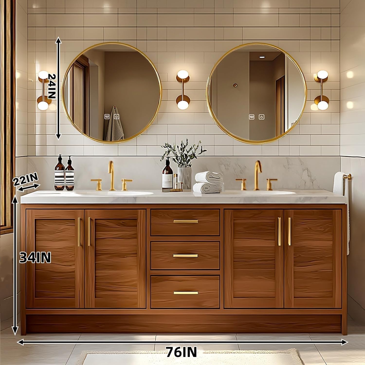 Bathroom Vanity - Retro Bathroom Vanity with Double Sinks Includes Round Mirror & Wood Grain Cabinets|Retro Log Style,Exquisite Handle,LED Smart Defogging Mirror(76IN)
