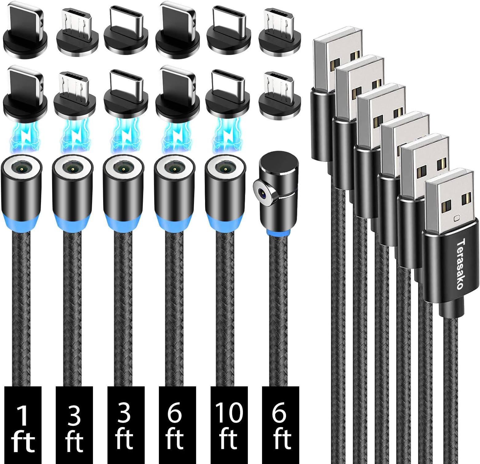 Terasako Magnetic Charging Cable 6-Pack [1ft/3ft/3ft/6ft/6ft/10ft], 3 in 1 Nylon Braided Magnetic Phone Charger, Compatible with Micro USB, Type C, iProduct and Most Devices