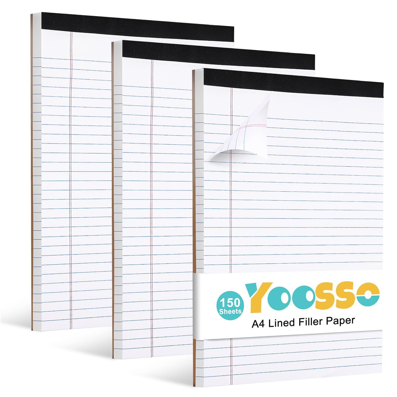 Yoosso 3 Pack Lined Paper A4 Pad, 50 Sheets/Per Notepads A4 Lined Paper College Ruled Writing Pad For School Office