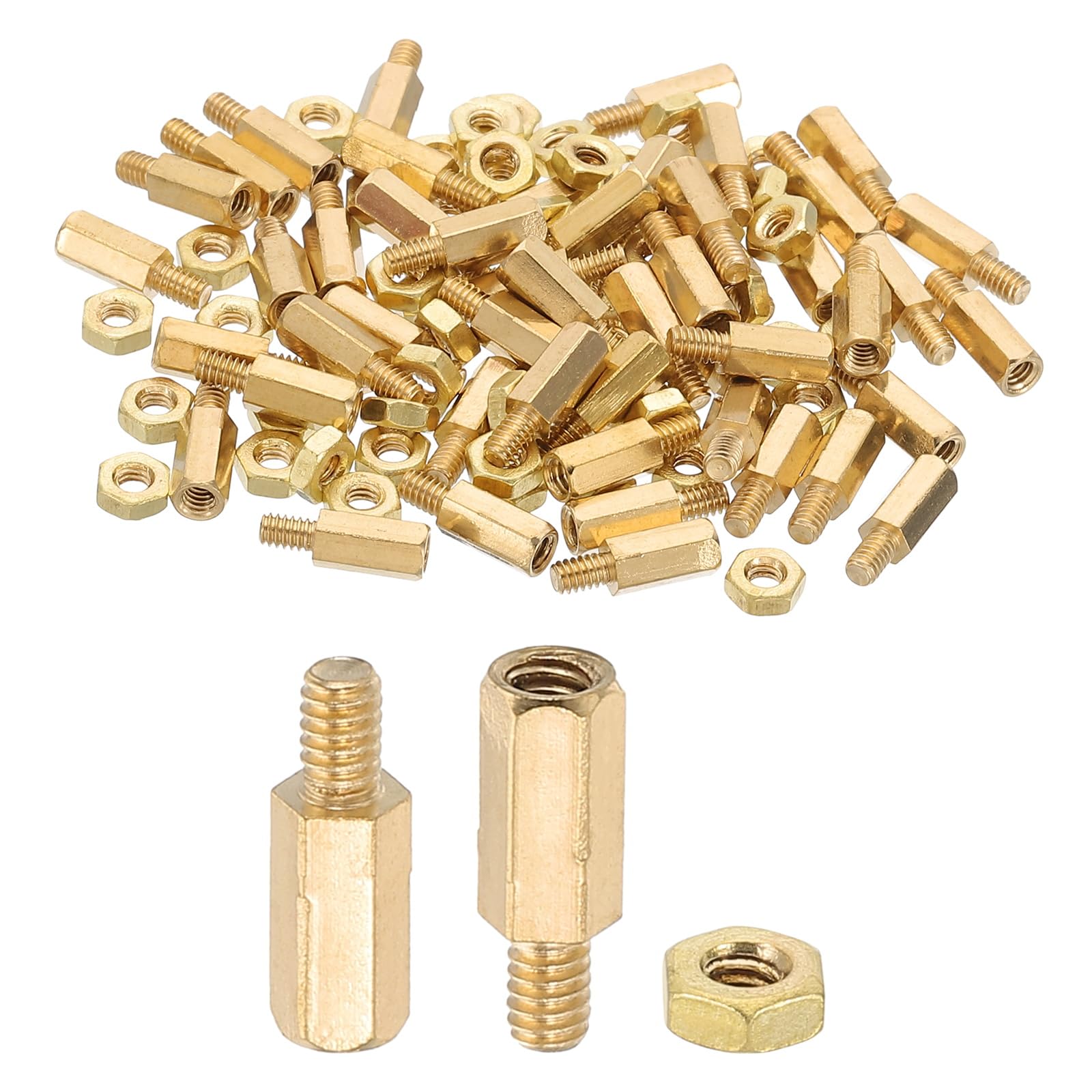 PATIKIL M2X6mm+3mm Standoff Screws, 100Pcs Male to Female Hex Brass PCB Standoff Spacer Screw Nut Assortment Kit for PCB Computer Circuit Board, Golden