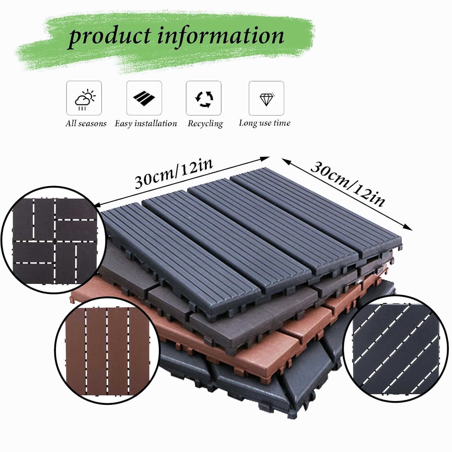 Dalles et lames de terrasse en composite, Tuiles de terrasse à emboîtement composites en bois, 30 pièces multicolores 12x12 pouces(Brown Red)
