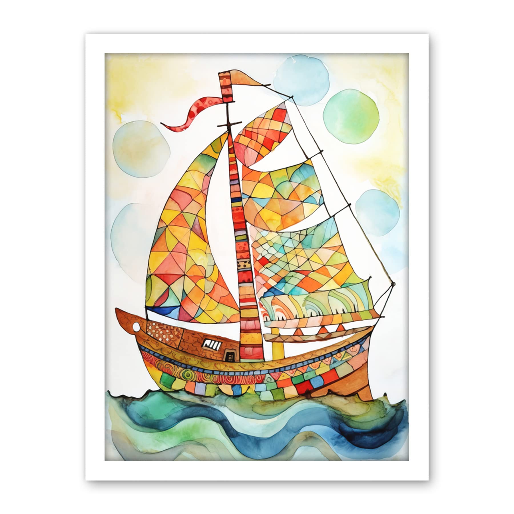 Artery8 Sailing Ship At Sunrise Folk Art Artwork Framed Wall Art Print 18X24 Inch