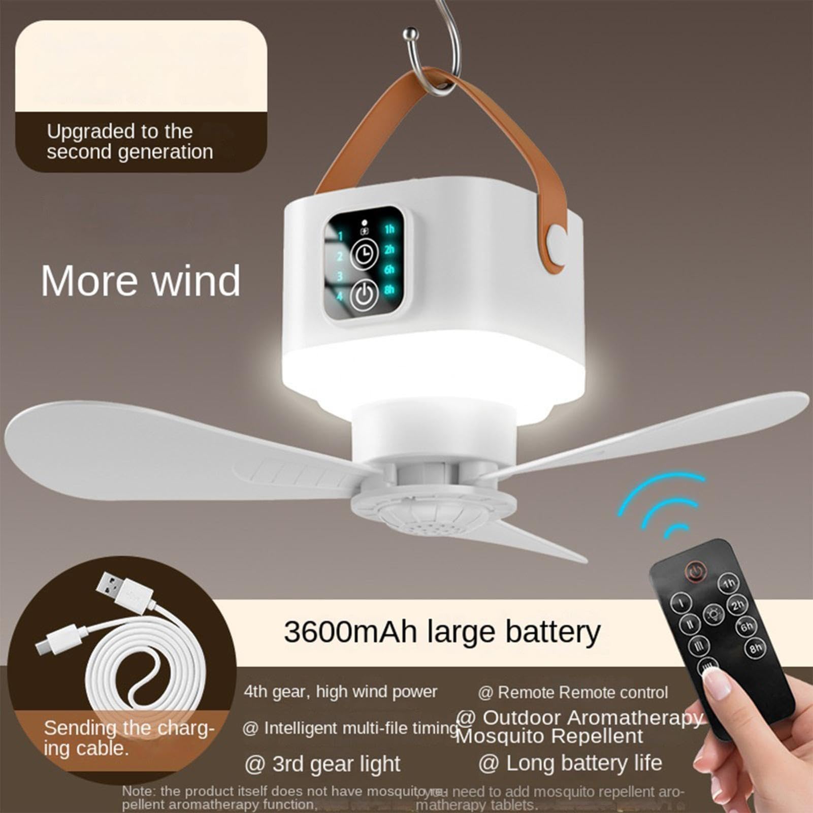 Tragbarer Deckenventilator für Zelt, LED-Licht, wiederaufladbar 3600 | Ventilator für Pavillon, Haus, Schlafzimmer, Schlafsaal, Arbeitsplatz, Garage, Terrasse, Veranda, Gazebo Pergola