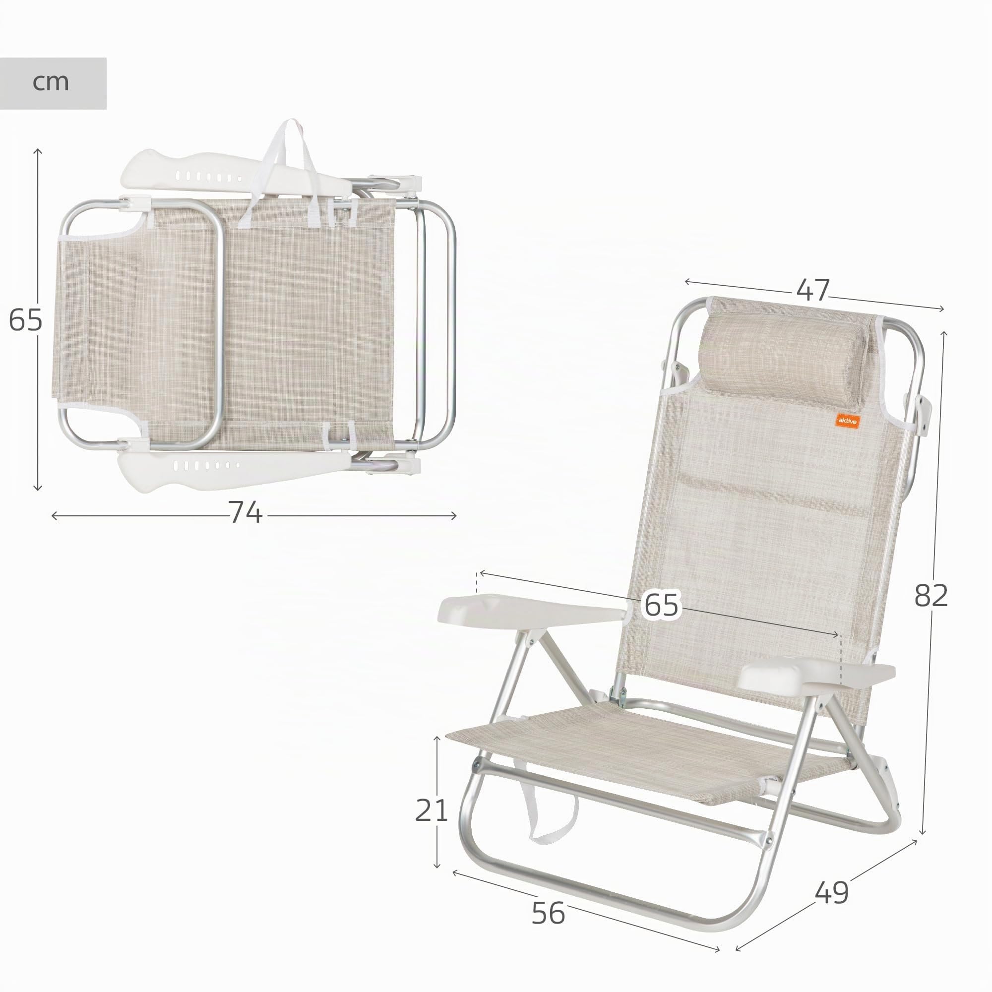 AKTIVE Klappbarer Strandstuhl, 8 Positionen, Beige, 48 x 49 x 82 cm, Inklusive gepolstertem Kissen, Tragegriffe, Belastbar bis 110 kg, Stühle mit Verstellbarer Rückenlehne, Mehrere Positionen (62668)