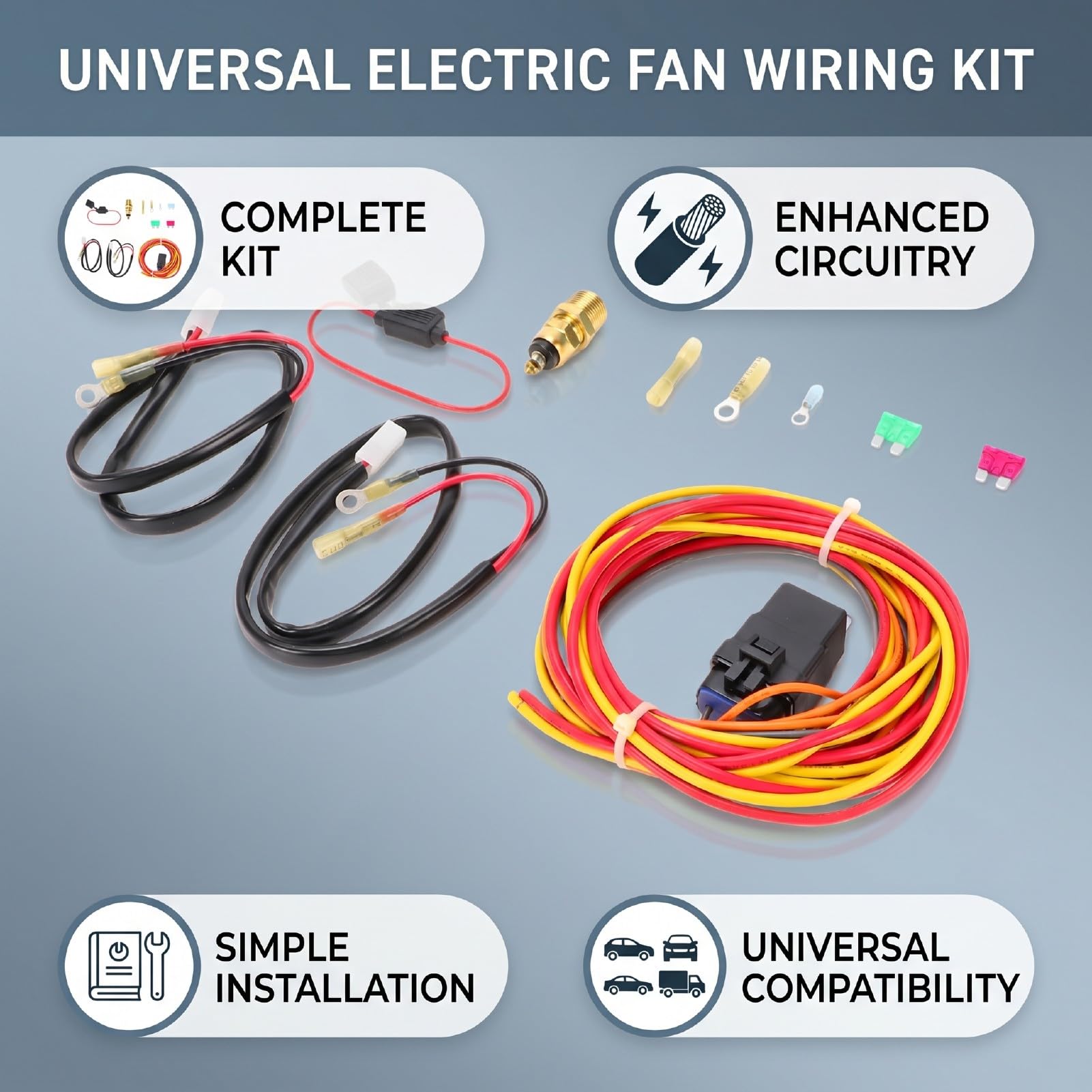 Yctze Kit de Termostato y relé de Arnés de Cableado de Ventilador de Refrigeración Universal