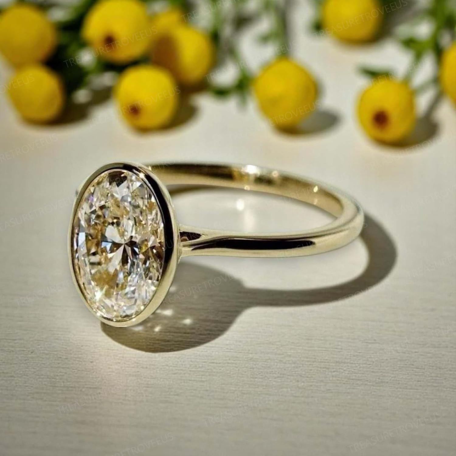 Oval Bezel Set Moissanite Engagement Ring for Women 14K Yellow Gold Plated Sterling Silver Solitaire Ring Dainty Oval CZ Minimalist Wedding Promise Ring Classic Anniversary Jewelry - Image 4