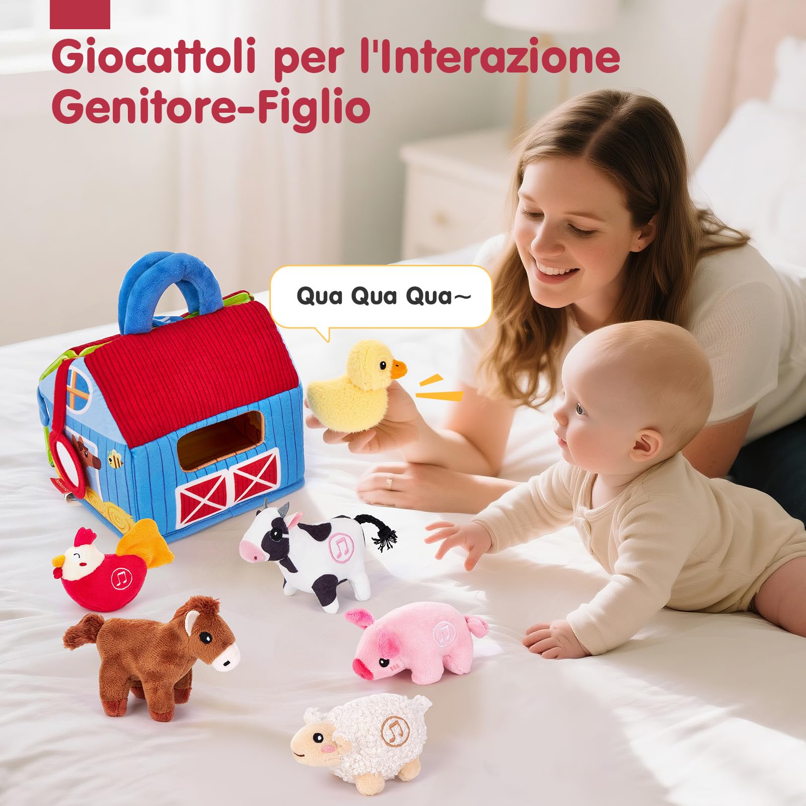 hahaland Giochi Bambini 1 Anno - Fattoria Sonora in Peluche, con 6 Animali Morbidi e Suoni Realistici, Gioco Educativo Bambino Montessori Sensoriale Regalo 6 12 18 Mesi