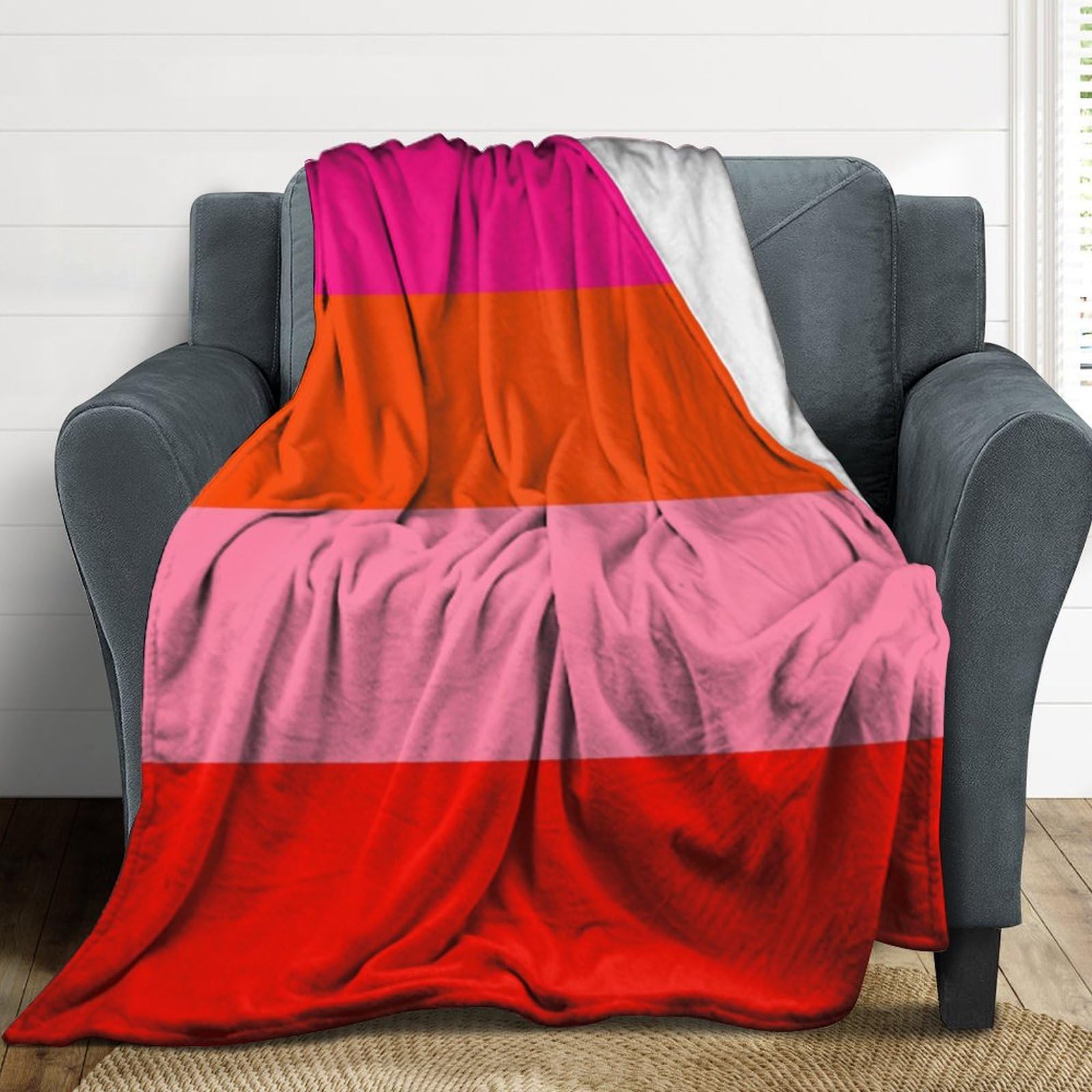Weiche, gemütliche Überwurfdecke, Streifen in Pink und leuchtendem Orange, waschbar, leichte Decke für Couch, Sofa, Bett, Büro, warme Plüschdecken für alle Jahreszeiten, 152,4 x 203,2 cm