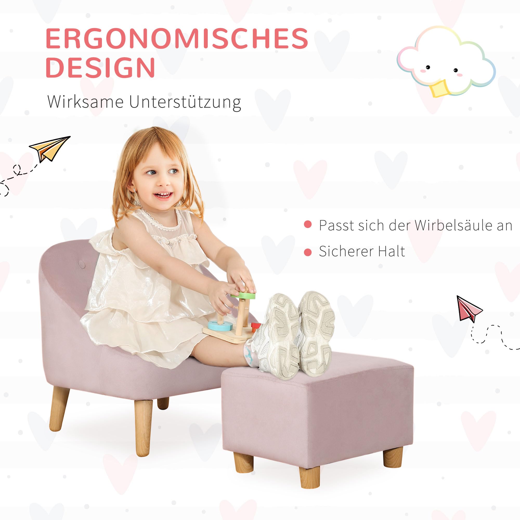 HOMCOM Krzesło dziecięce Sofa dziecięca z podnóżkiem Kanapa dziecięca od 3 lat Meble dziecięce Pokój dziecięcy Aksamitny wygląd Drewno eukaliptusowe Różowy 51 x 51 x 50 cm