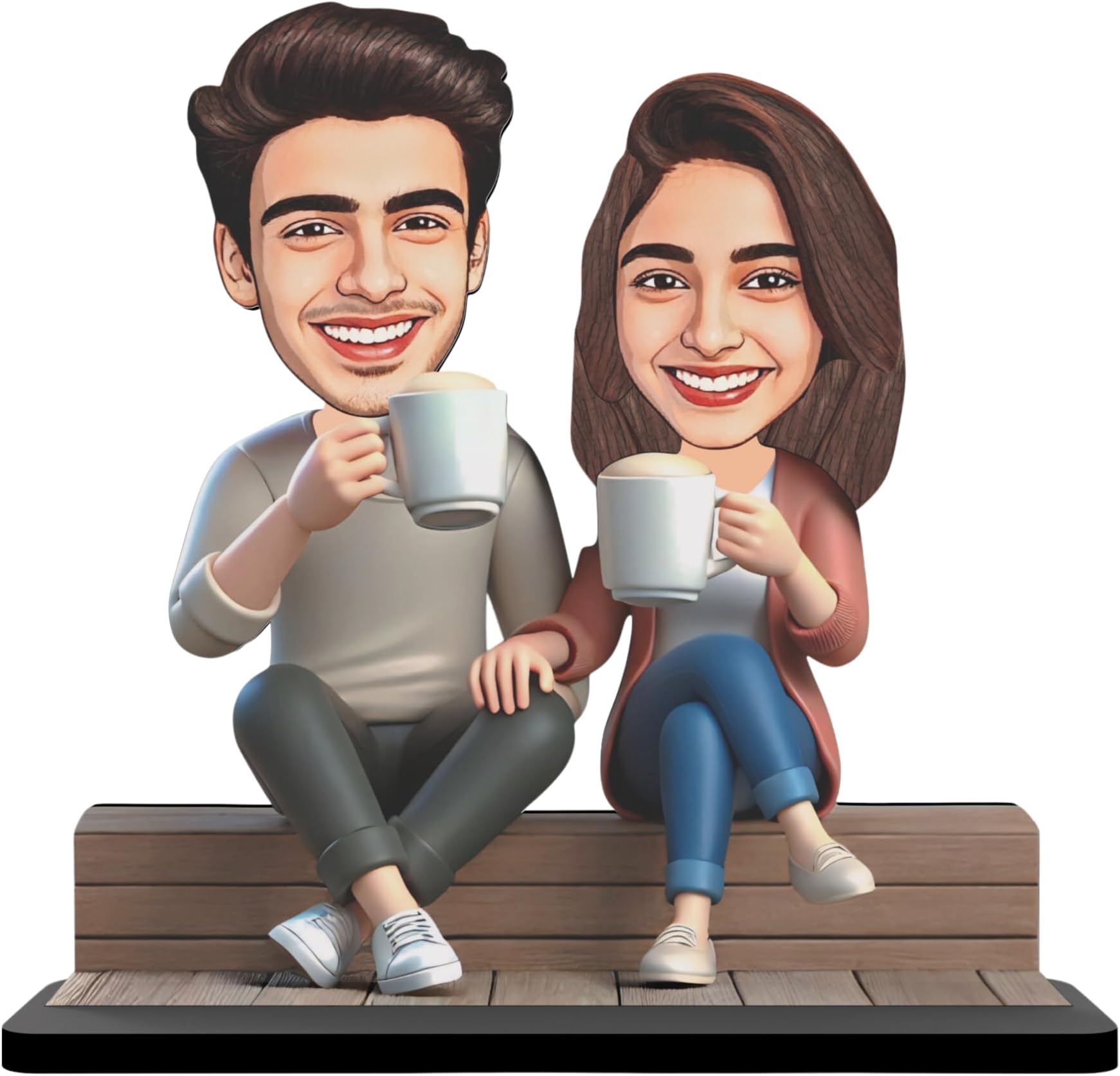 Wood Rectangular Personalized Caricature Gift for Couple, 7 Inches, Tabletop Multicolor, Art Deco Style