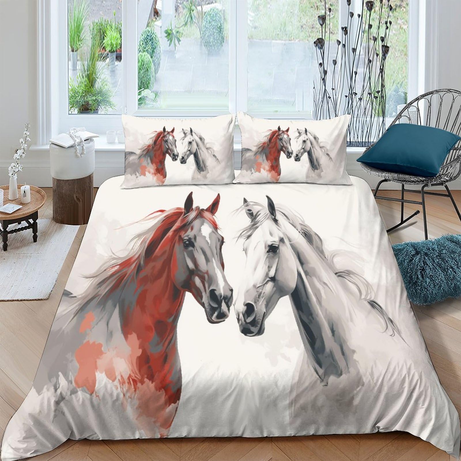 Prancing Horse Duvet Cover Set Bedding Set 3D Microfiber Polyester Comforter Cover with Pillow Shams, Wildlife 3 Piece Set, Zipper Quilt Cover King（220x240cm）