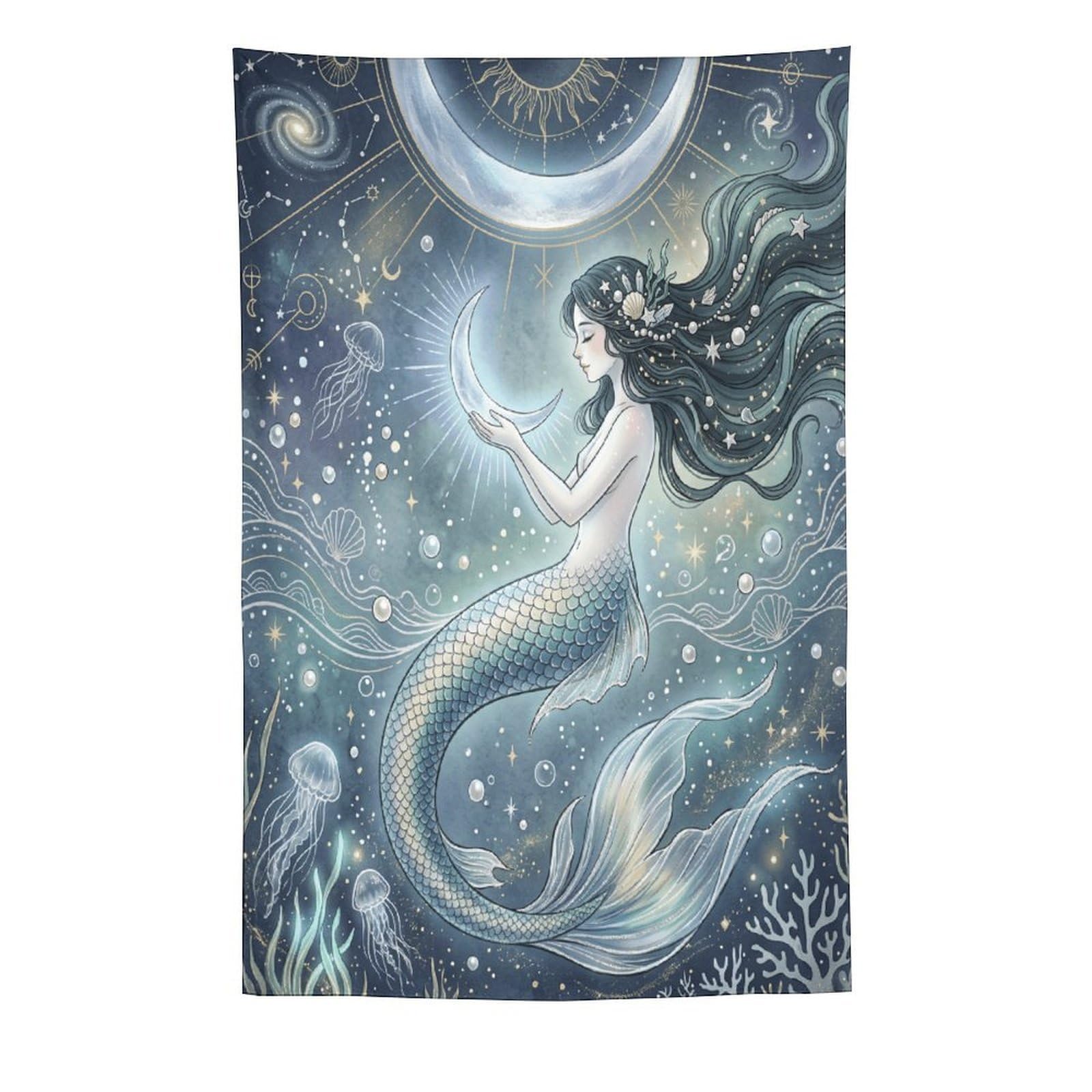 W7C8U2X3 Moon Mermaid Coral Reef Wall Tapestry, Fantasy Illustration