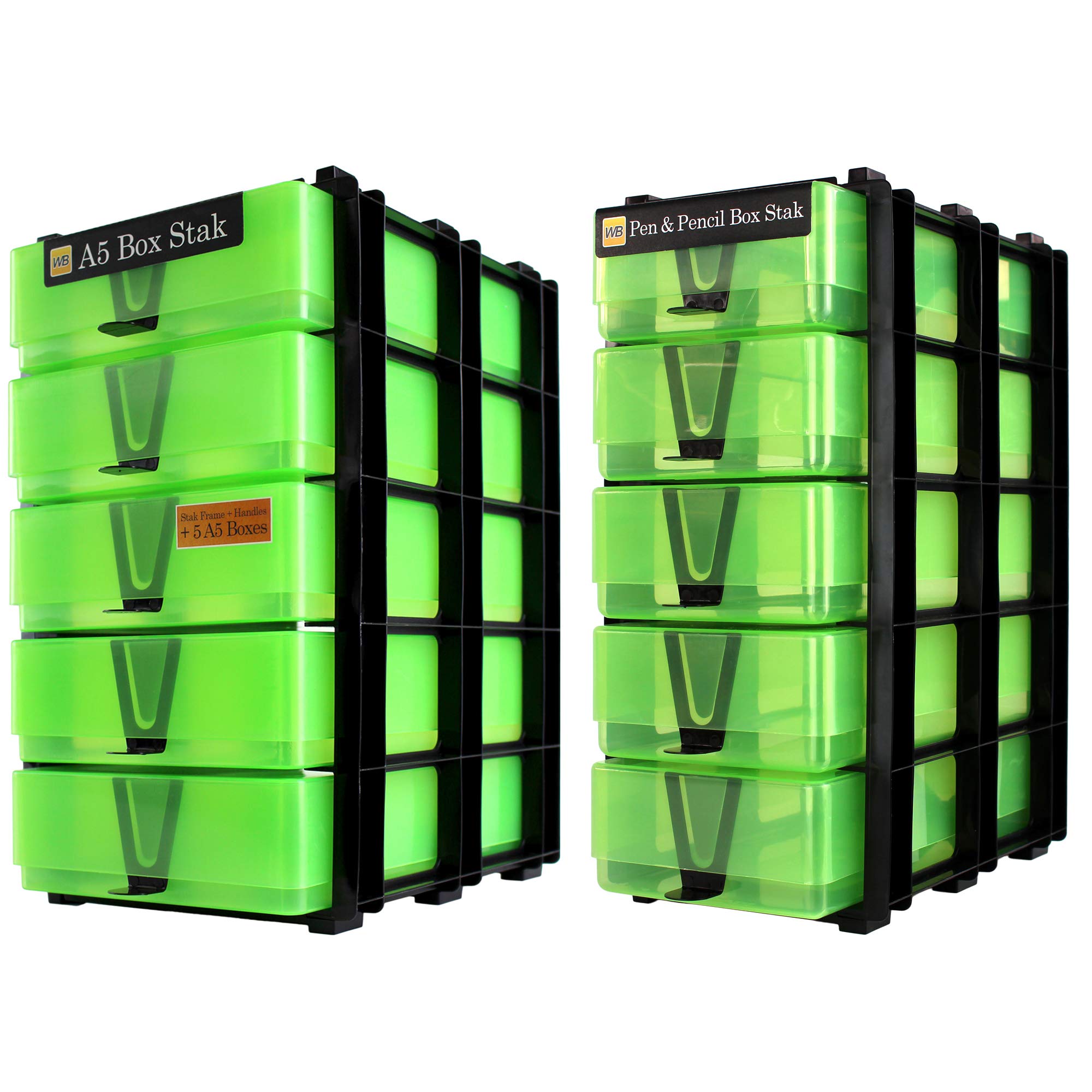 WestonBoxes 2 Stak Storage Pack, Includes A5 Paper Storage Boxes, Pen & Pencil Storage Boxes, Stak Frames and Box Handles, Fits IKEA KALLAX (Green)