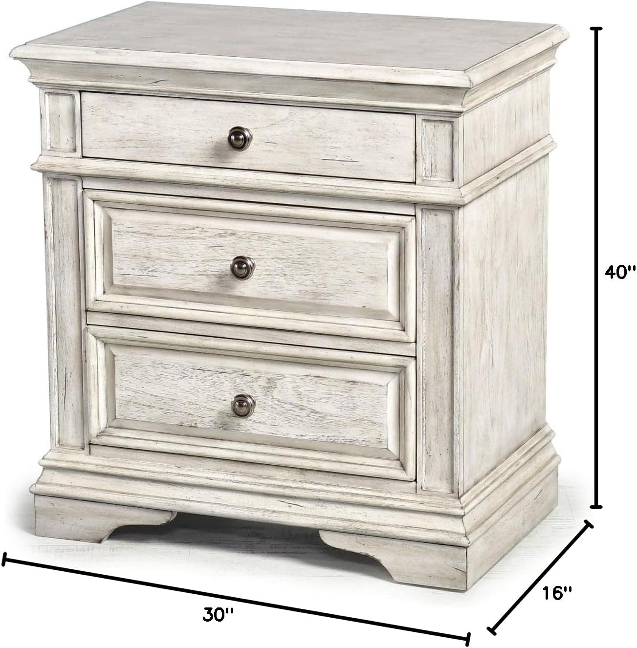 Steve Silver Furniture Highland Park Nightstand, Driftwood Finish, Nickle Hardware, 2 USB Charging Ports, 2 Full Size Drawers & 1 Half Size Drawer, Bedroom, 28" L x 17" D x 29.5" H, Cathedral White