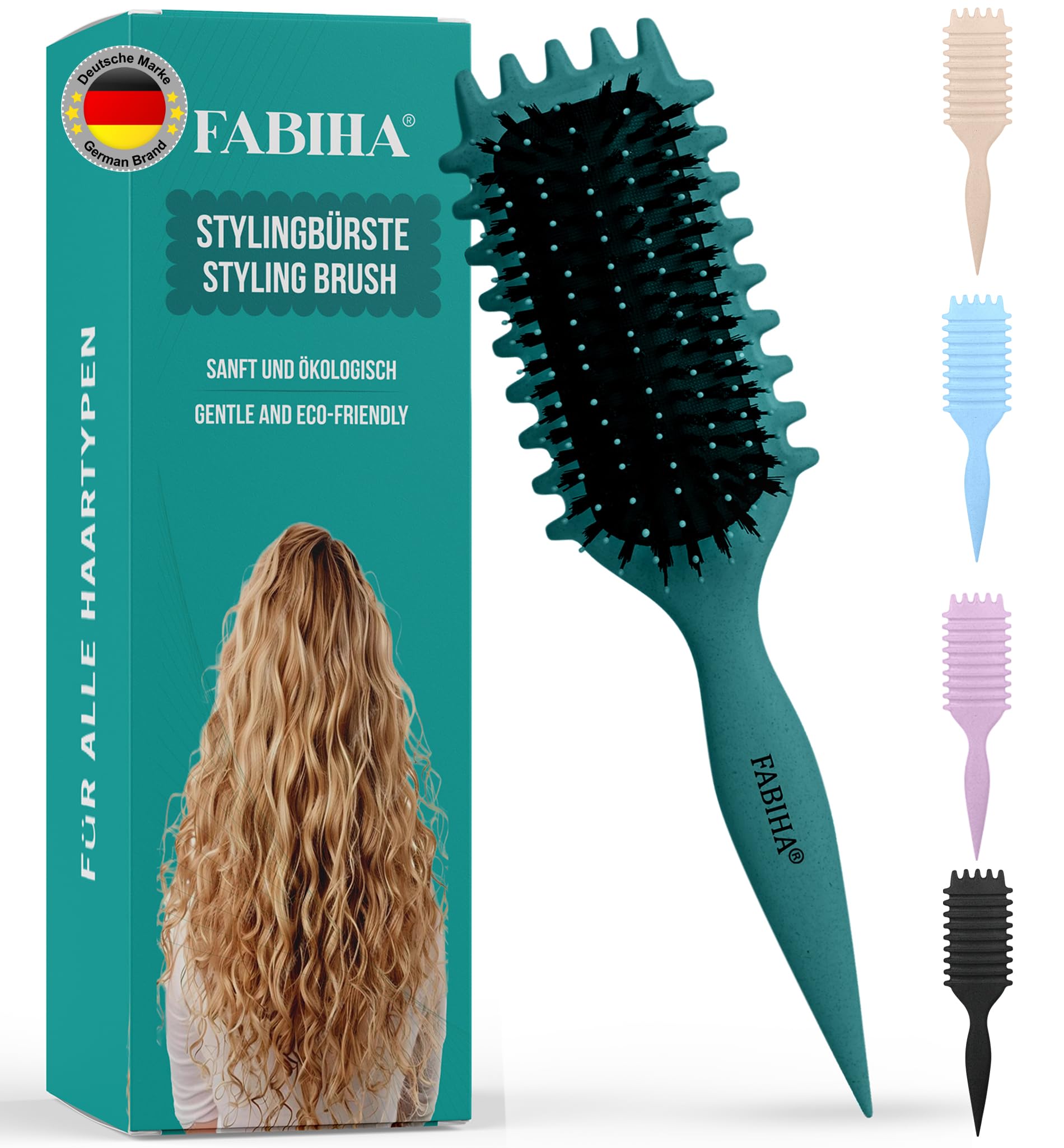 FABIHA® 𝐏𝐑𝐄𝐌𝐈𝐔𝐌 Lockenbürste - curly hair brush - Bio Haarbürste ohne ziepen - Wildschweinborsten Bürste - Die Originale 3-in-1-Stylingbürste für trendige Lockenfrisuren (Blaugrün)