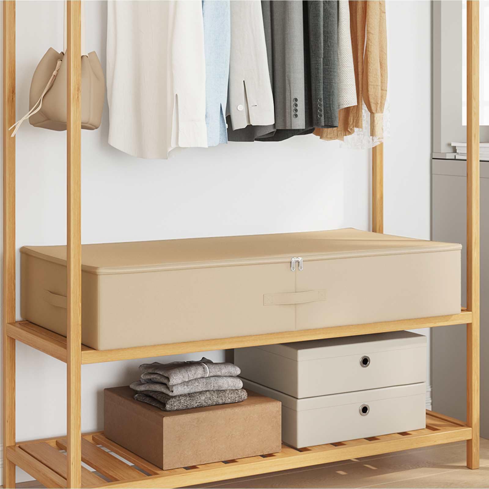 Creme Aufbewahrungsbox aus Vliesstoff 90 x 48 x 15 cm klappbar mit Seitenhenkeln und Weite Öffnung für Schlafzimmer und Wohnzimmer, Ordnungssystem für Haushalt