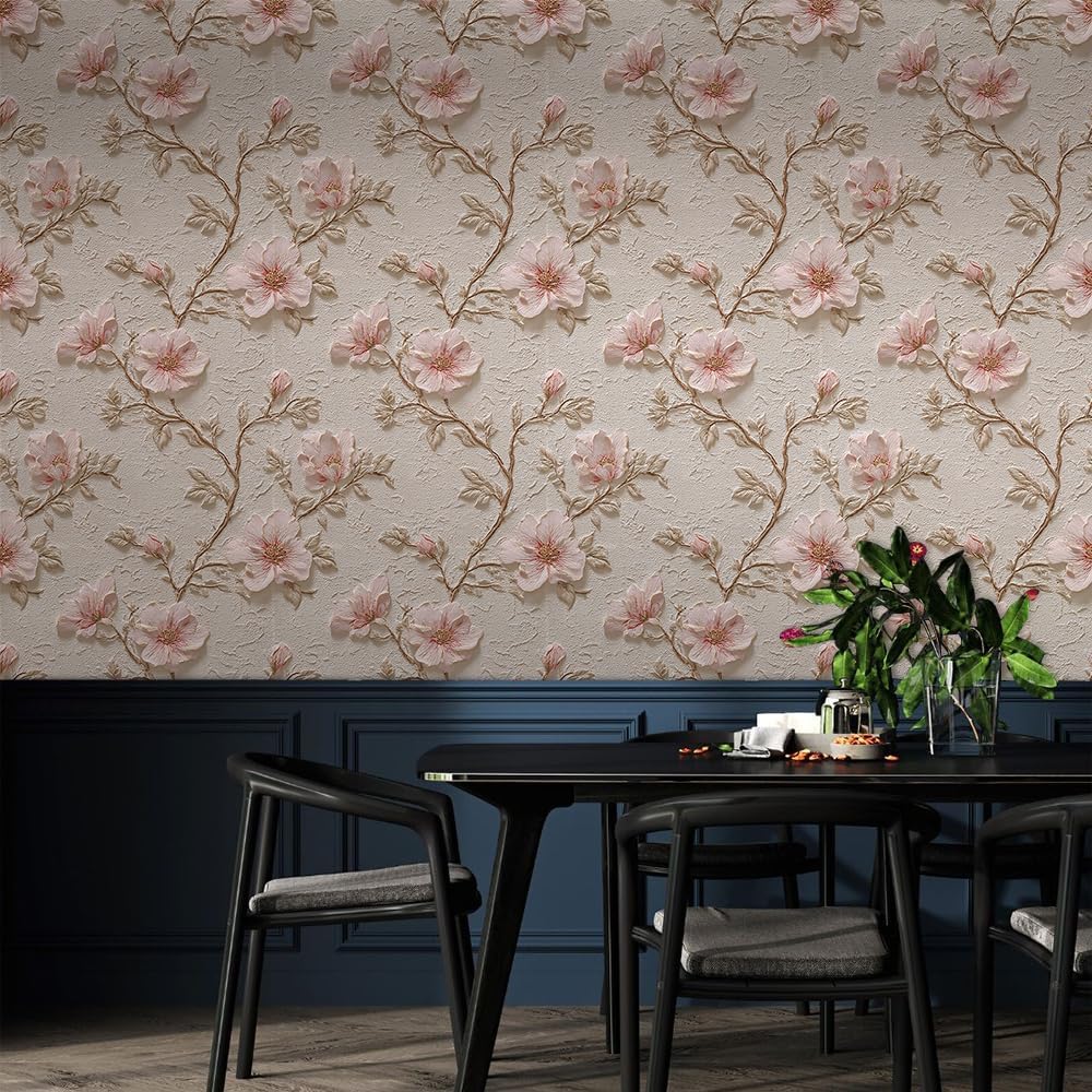 18"x236" Vintage Elegant Pink Ivory Embossed Flower Peel and Stick Wallpaper Easy Peel Off Contact Paper Vintage Vinyl Self Adhesive Removable Stick on Wall Paper for Kitchen Cabinet Renter Friendly