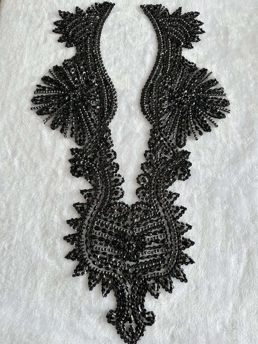 Handmade Crystal on lace Applique Sewing Rhinestones Beads Sequins Patches Trim Luxury Decoration Accessories for Wedding Dress (Black)