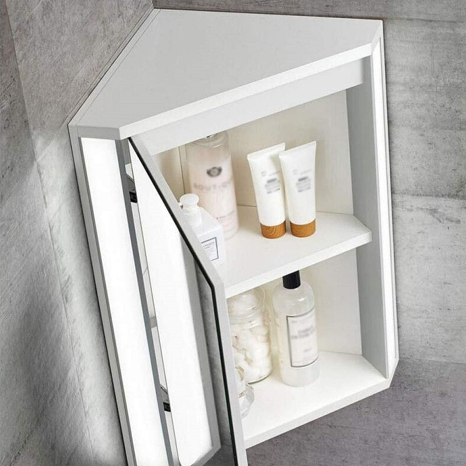 Armario Esquinero de Baño Blanco con Espejo e Iluminación LED Gabinete Triangular Montado en la Pared Almacenamiento Ahorra-Espacio con Estantes