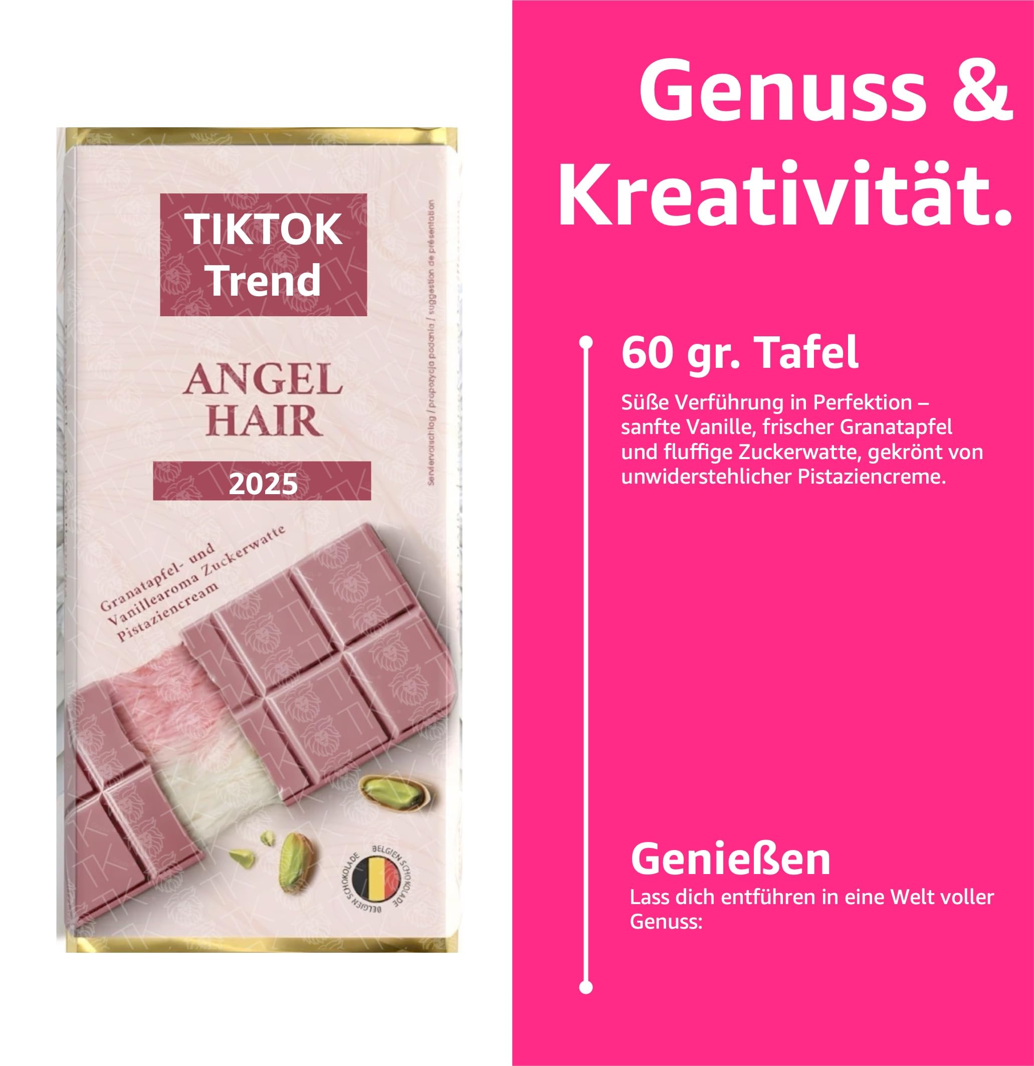Angel Hair Chocolate pink - z granatem, aromatem wanilii, anielską watą cukrową i kremem pistacjowym - batonik 60 gramów - Dubai Chocolate 2.0