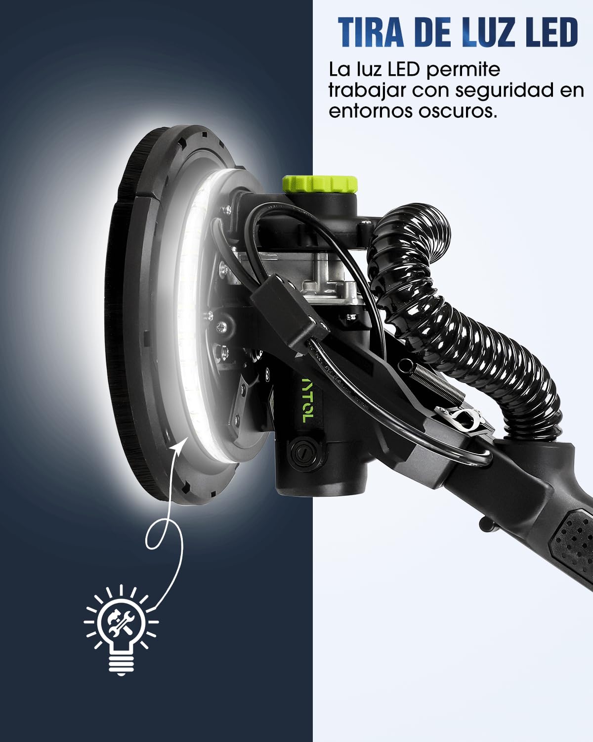 MYTOL Lijadora Jirafa con Aspirador, 900W Eléctrico Lijadora de Pared Mango Plegable Extensible, 6 Velocidades Ajustables Máximo1800U/min, Luz LED, 12 Discos Lijado