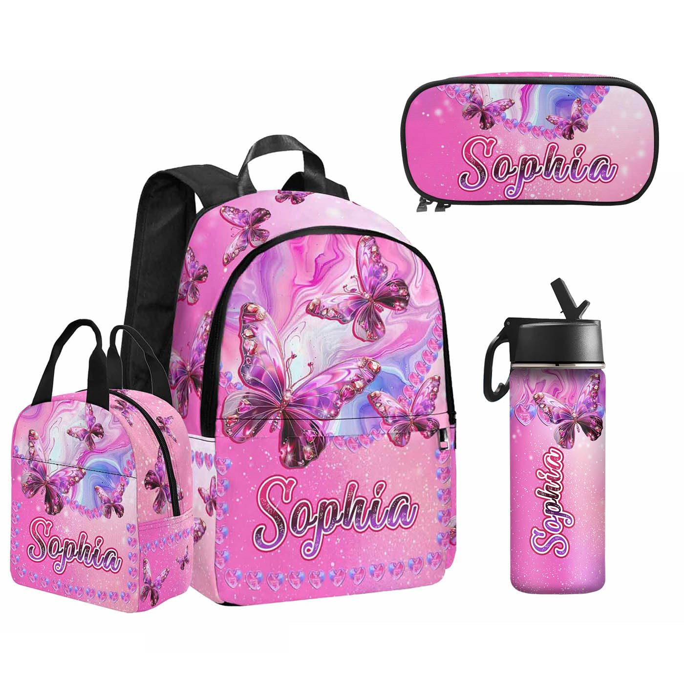 ArteKunsty Custom Backpacks Bookbag for Girls Kids, Personalized School Bags with Lunch Bag Water Bottle, Pink Butterfly Customized Backpack Toddler