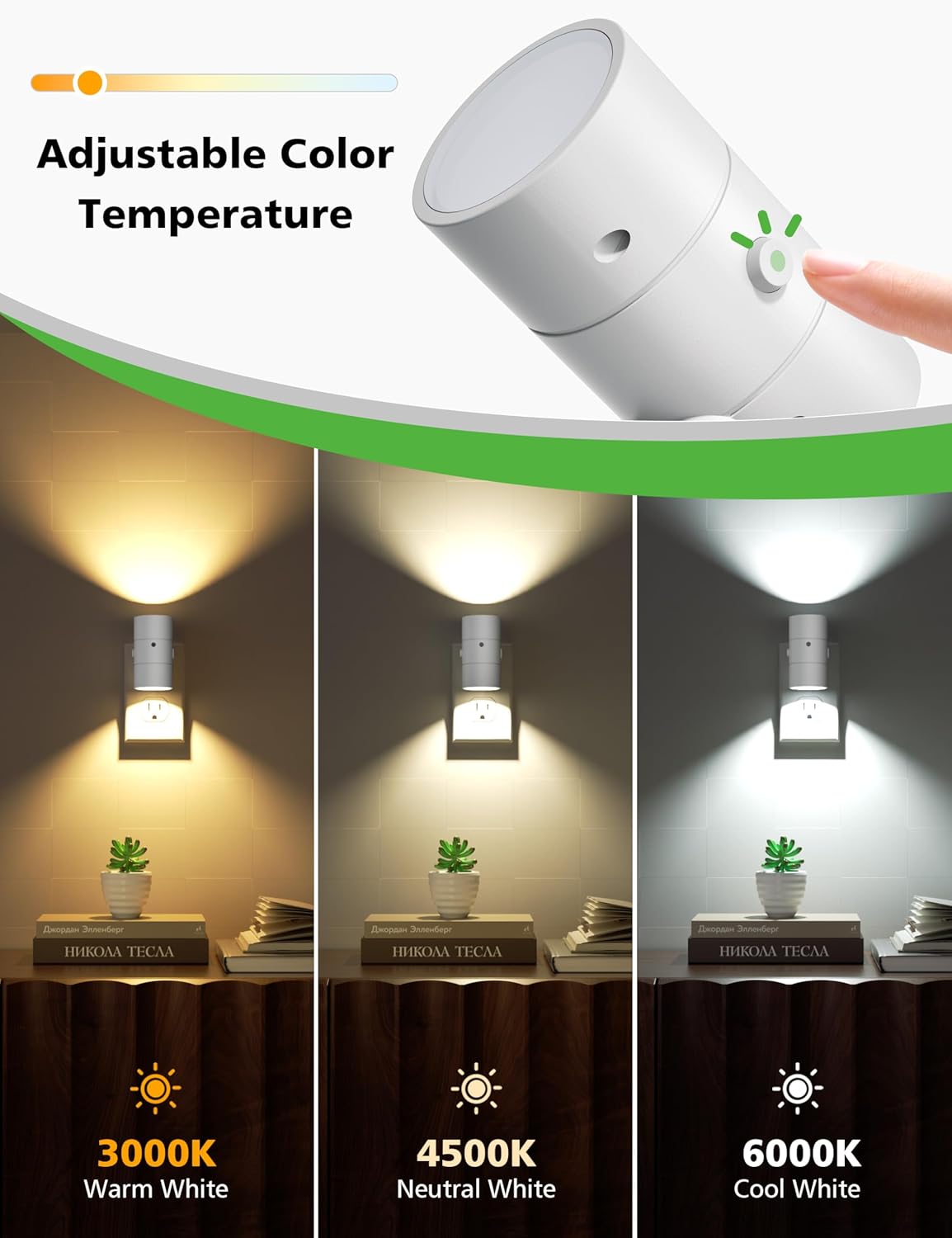 Night Lights Plug Into Wall,3 Color Temperatures LED Night Light Plug in,Dusk to Dawn Sensor,0-100LM Adjustable Brightness,Dimmable Night Lights for Hallway Bathroom Stair Bedroom,White,4 Pack