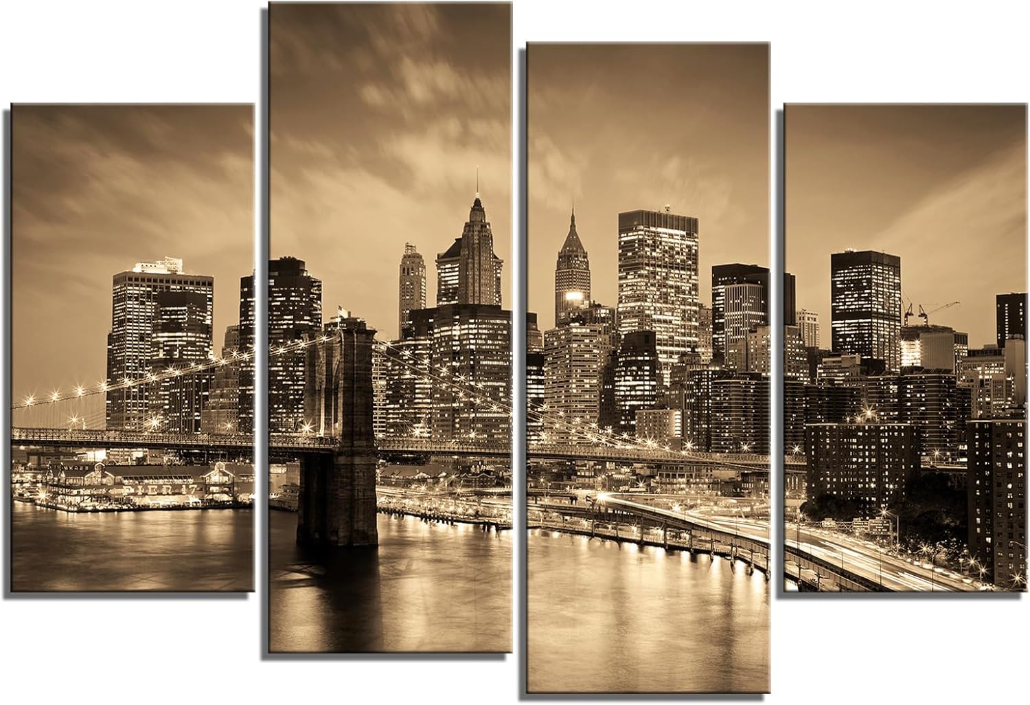 KLVOS New York Brooklyn Bridge Canvas Wall Art 4 Panels Beige City Landscape Artwork Cityscape Night View Canvas Prints Manhattan Skyline Pictures to Photo Painting Wall Decor for Home Office