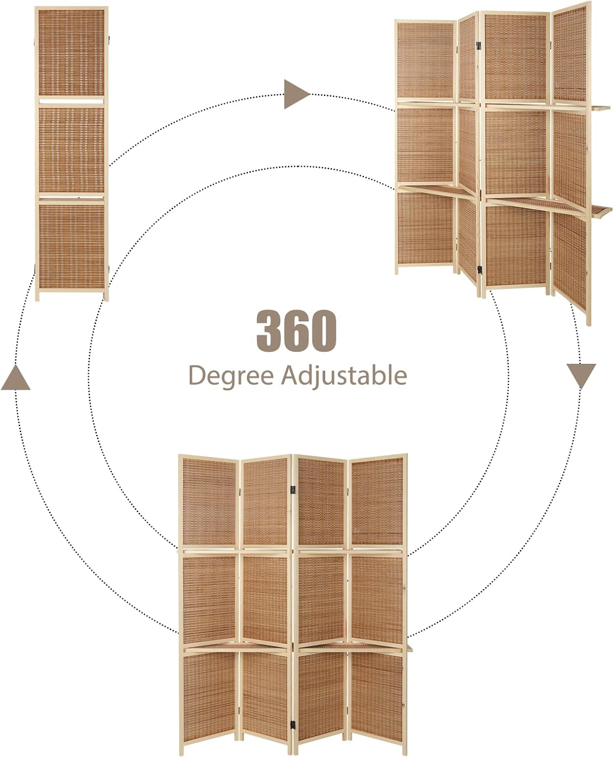 ECOMEX Bamboo Room Divider - 4 Panel Folding Screen with Shelves, Portable Privacy Screen for Home Office, Studio Apartment, Garage