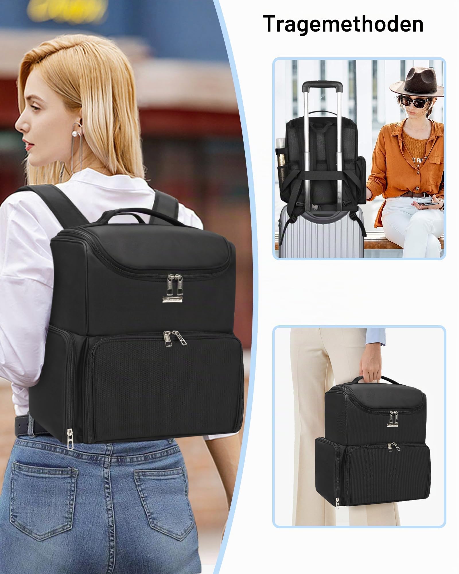Relavel Makeup-Rucksack, große Make-up-Tasche mit 3 klaren Sets, Doppelwandige professionelle Kosmetiktasche für Reise-Train-Case, Make-up-Artist-Set mit verstellbaren Fächern